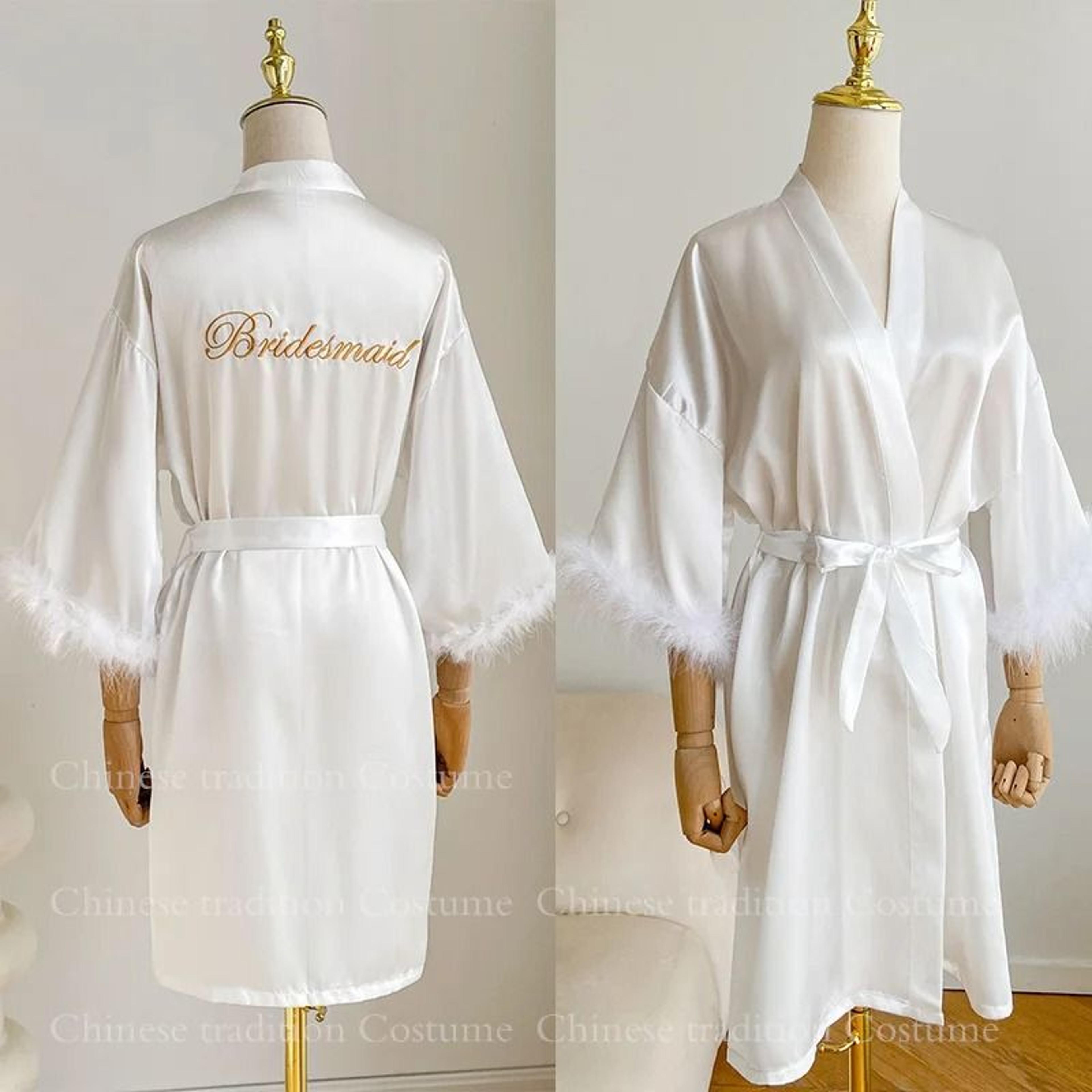 Luxurious White Bridal Feather Robe  Professional Satin Wedding Kimono  Sexy Bridesmaid Peignoir 8