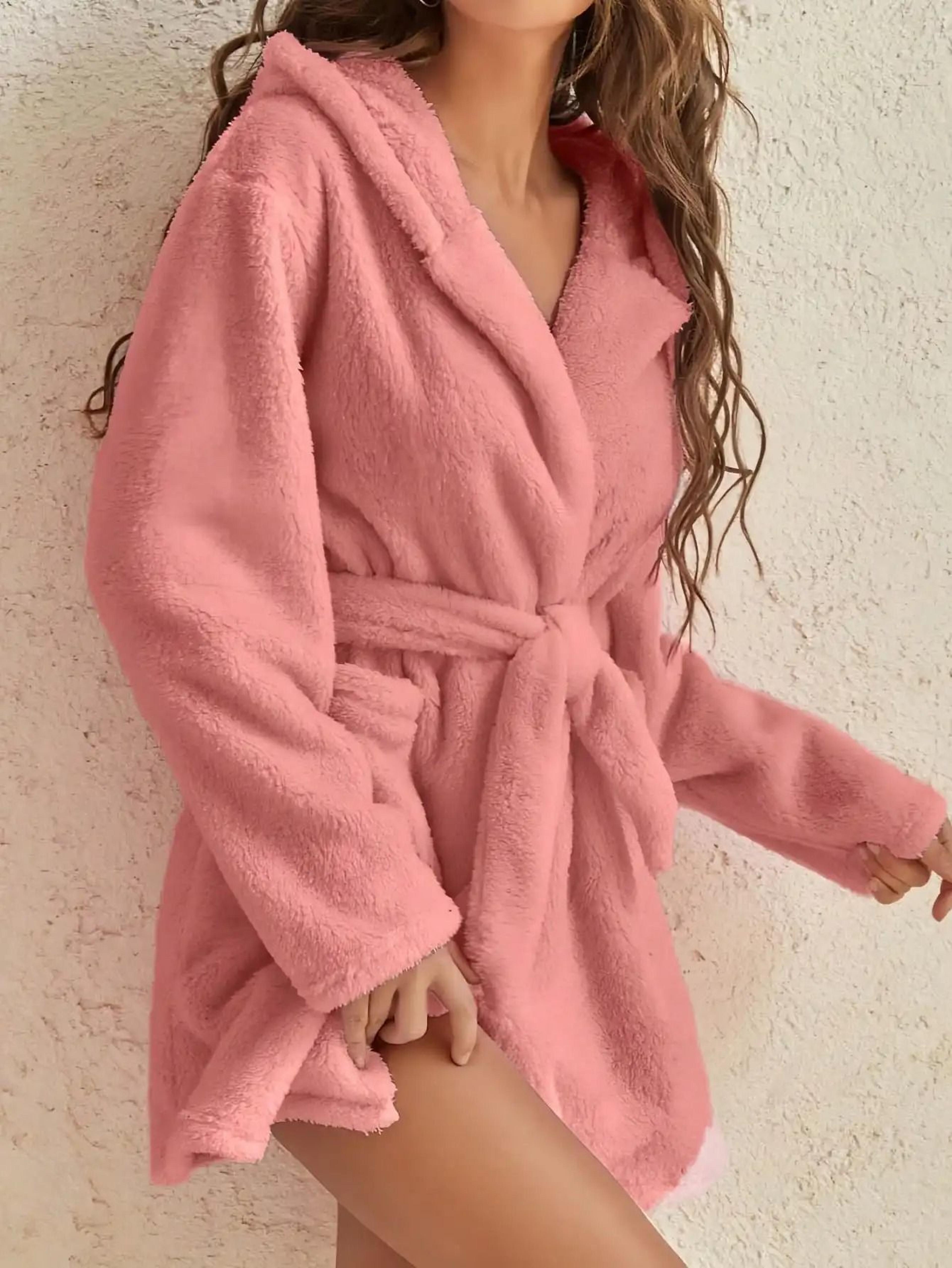 Solid Color Hooded Fleece Robe  Professional Warm Autumn  Winter Home Loungewear 3