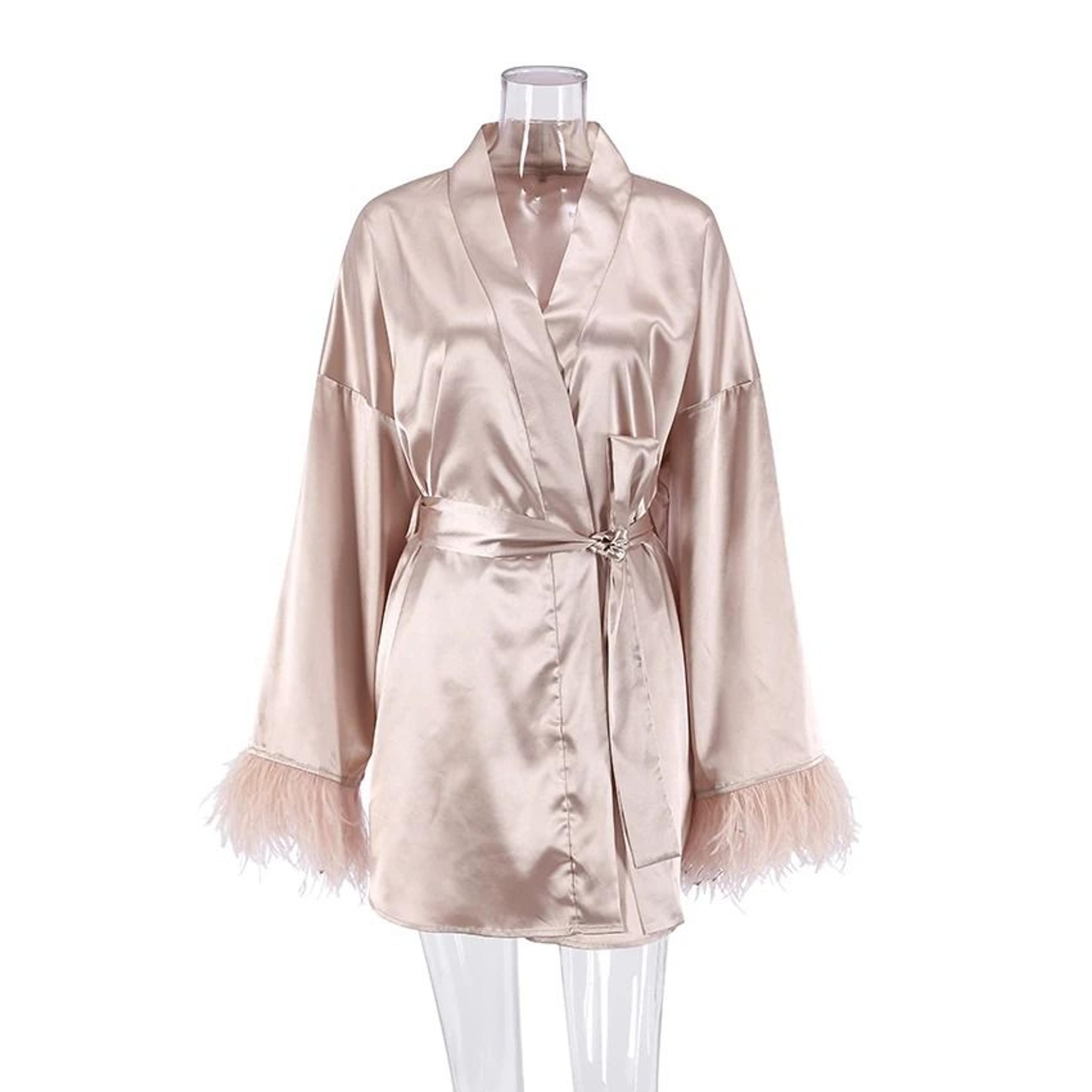 Luxurious FeatherTrimmed Satin Bathrobe  Professional Mini Peignoir  Loose Bridal Wedding Robe 3