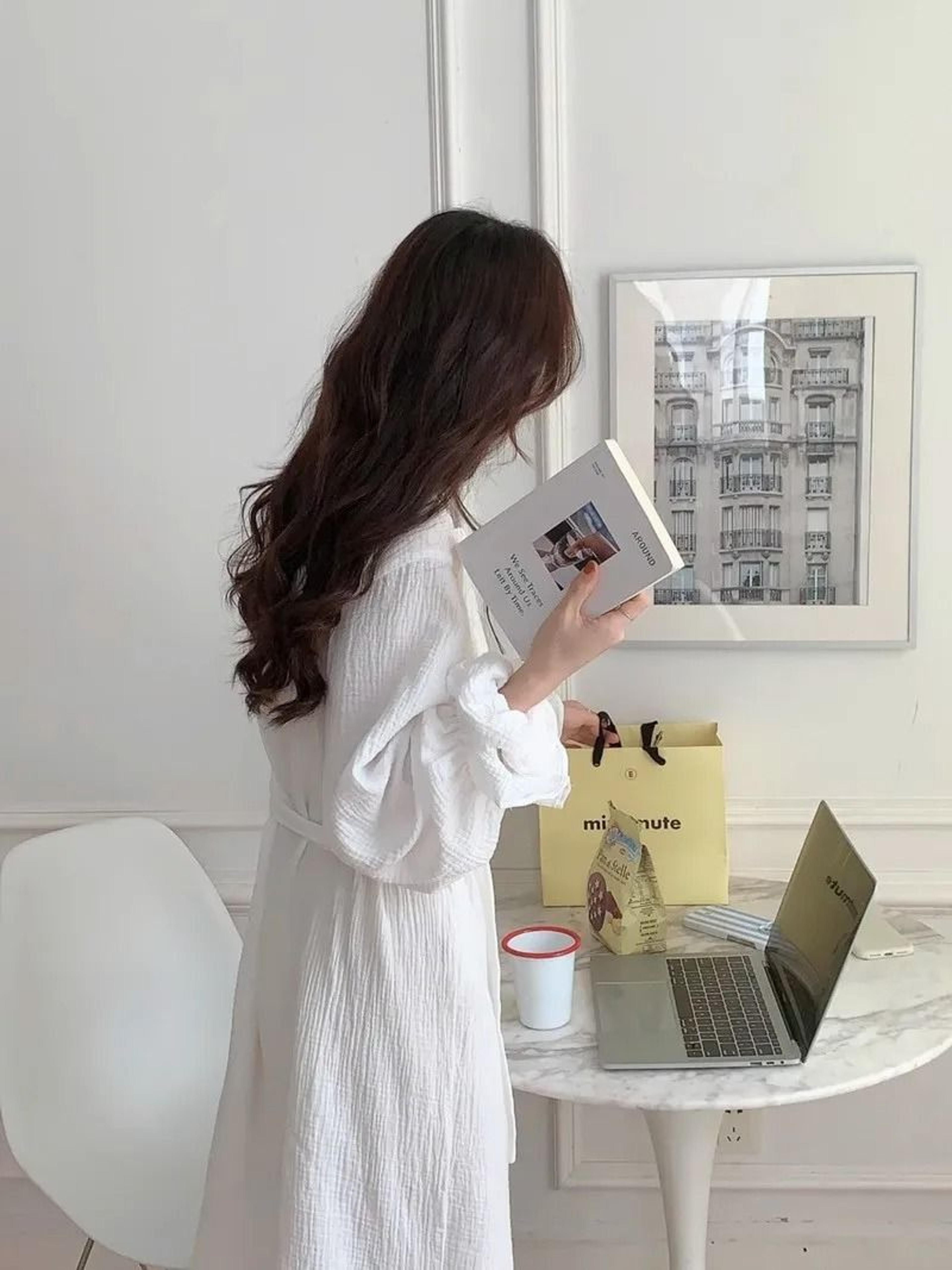 Womens Simple LongSleeved Ruffled Robe  Professional Sweet InsStyle Solid Color Home Wear 5