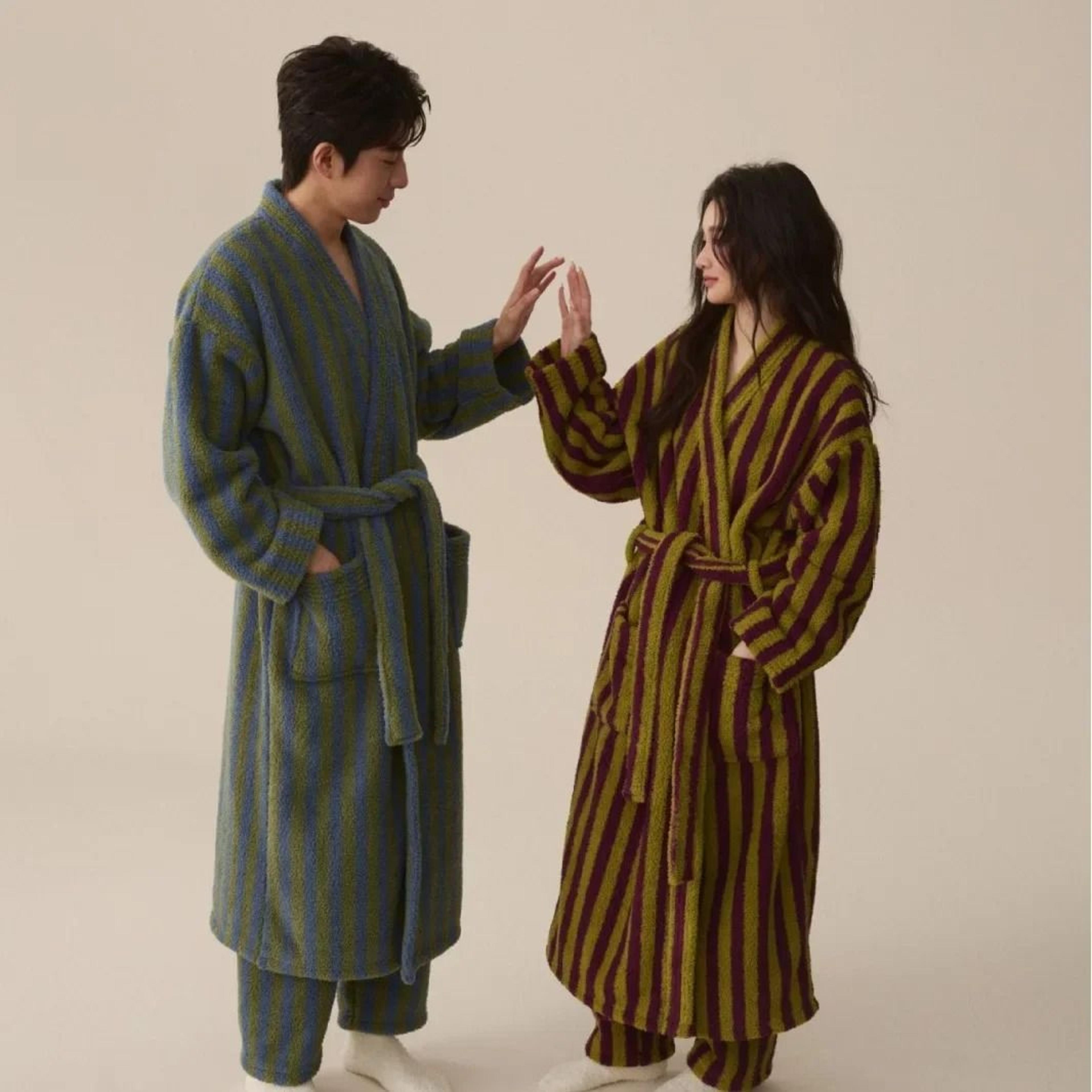 thickened flannel robe & pants pajamas set – professional autumn/winter striped couples home clothes