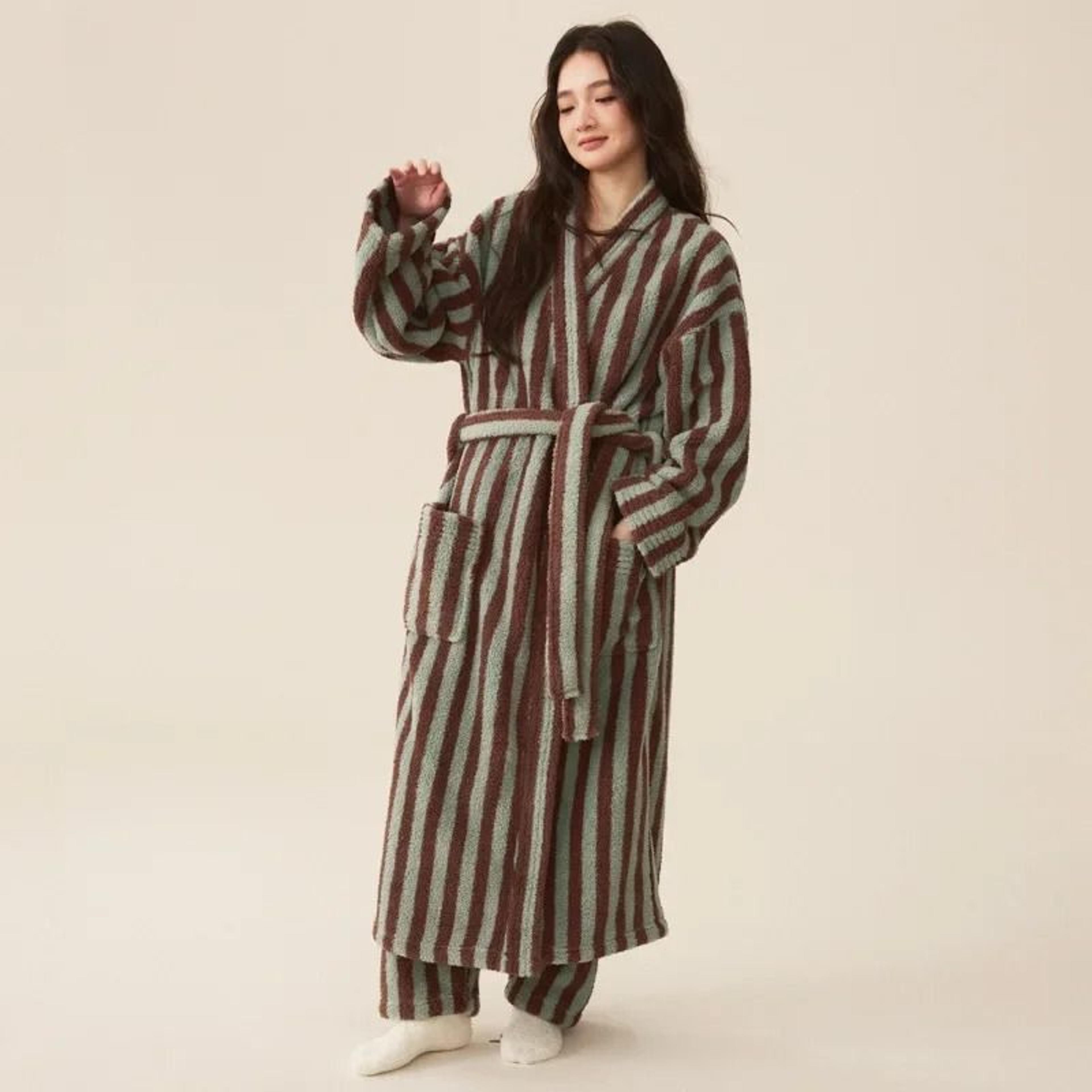 Thickened Flannel Robe  Pants Pajamas Set  Professional AutumnWinter Striped Couples Home Clothes 4