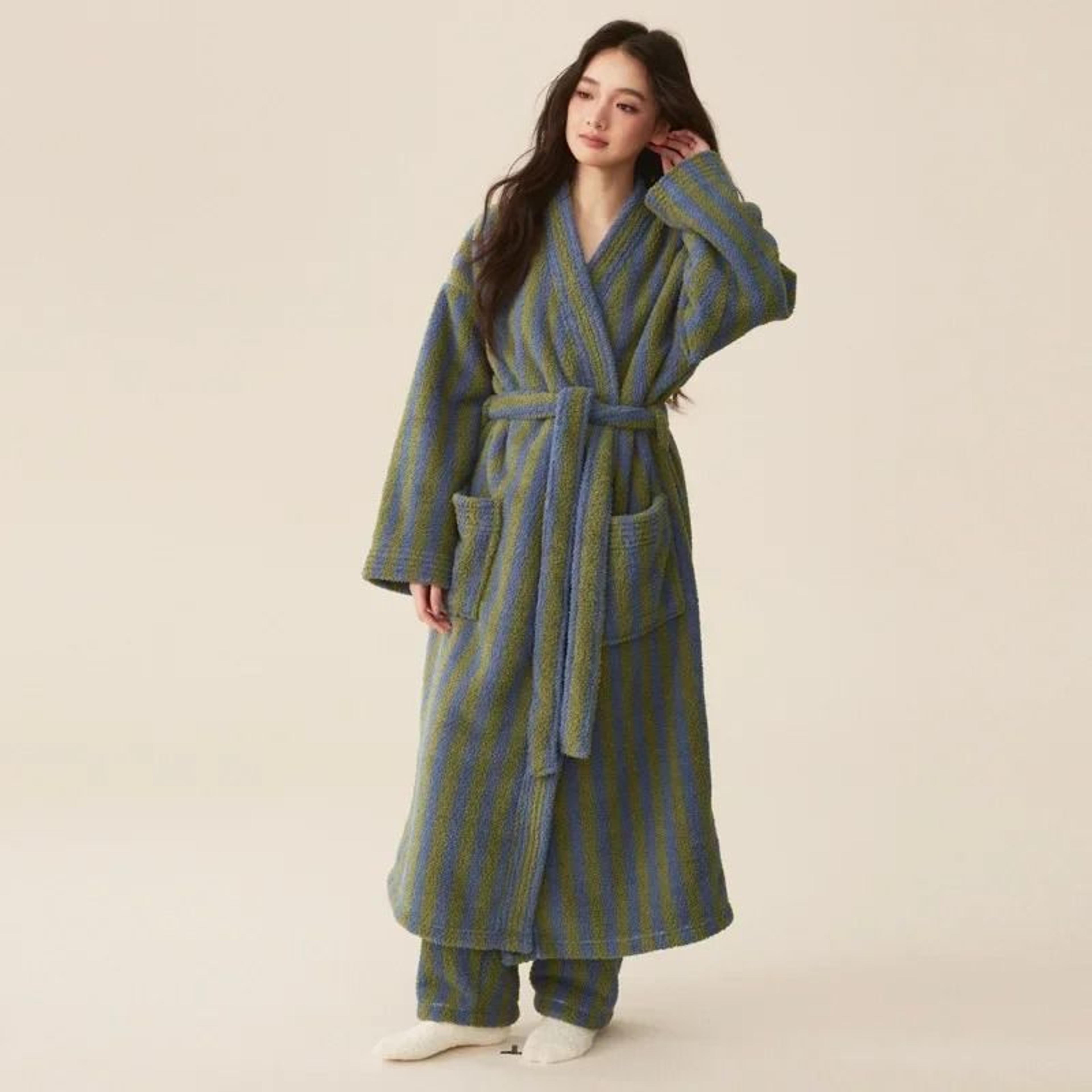 Thickened Flannel Robe  Pants Pajamas Set  Professional AutumnWinter Striped Couples Home Clothes 6