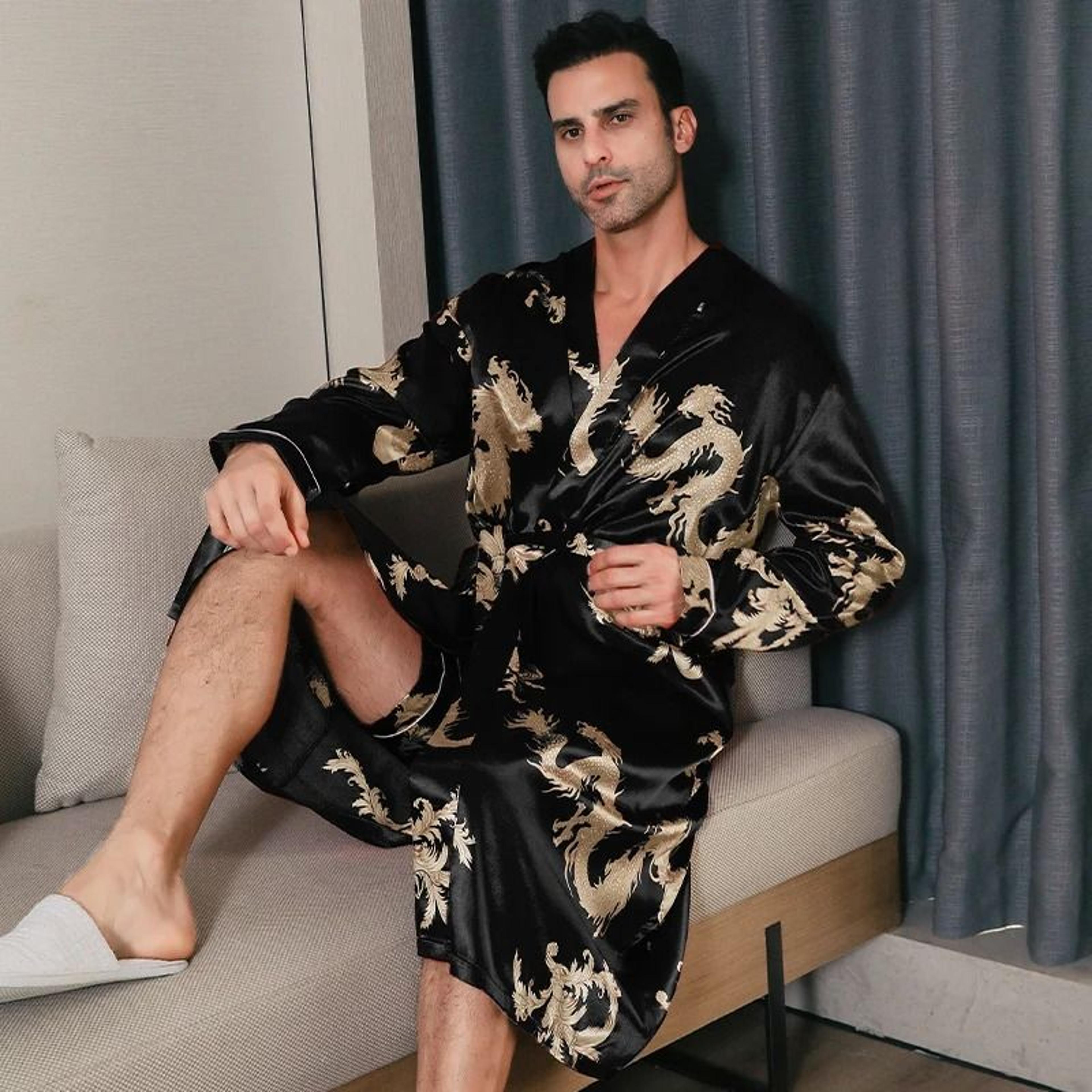 Mens Ice Silk Oversized Bathrobe  Professional LongSleeved SpringAutumn Nightgown  Summer Home Clot 3