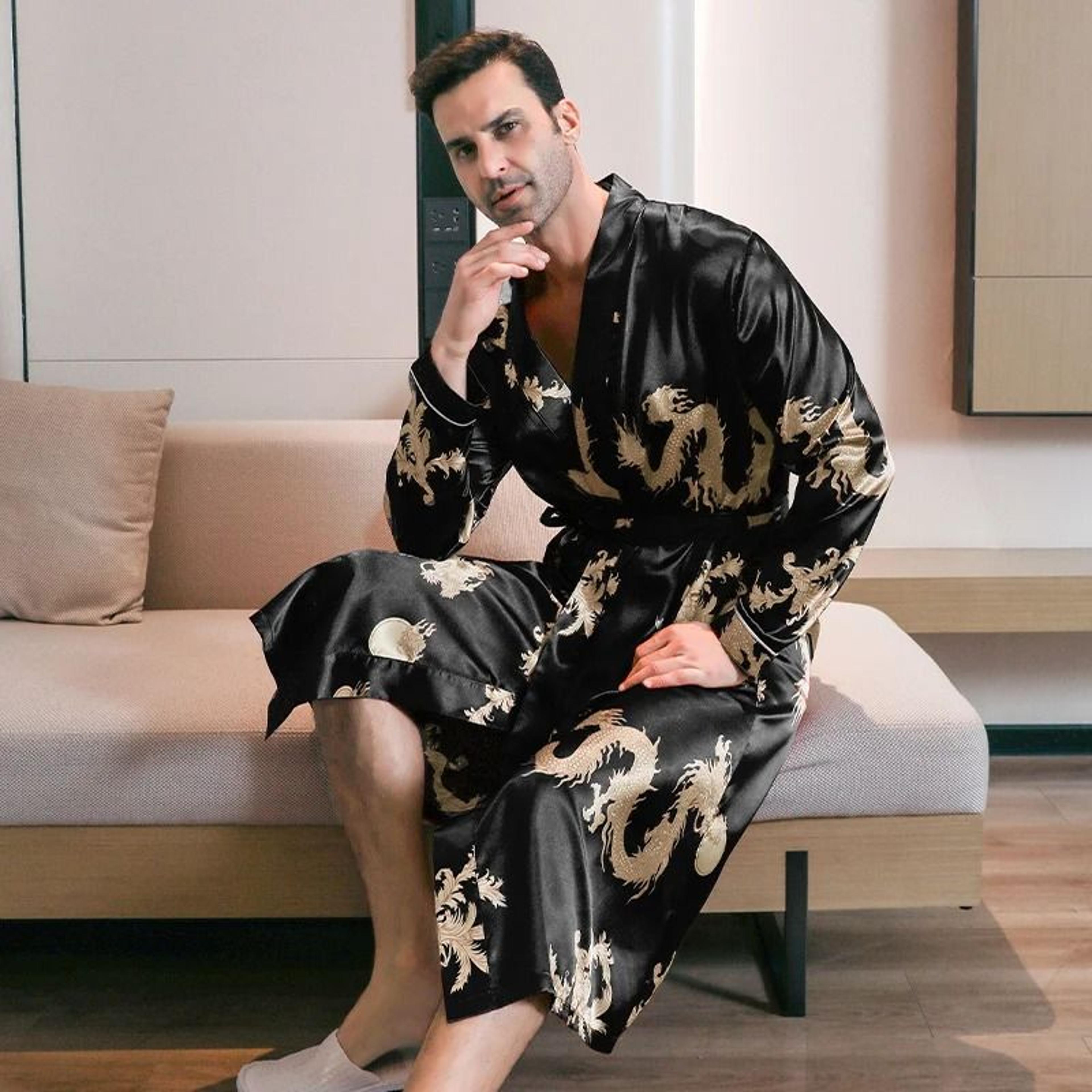 Mens Ice Silk Oversized Bathrobe  Professional LongSleeved SpringAutumn Nightgown  Summer Home Clot 4