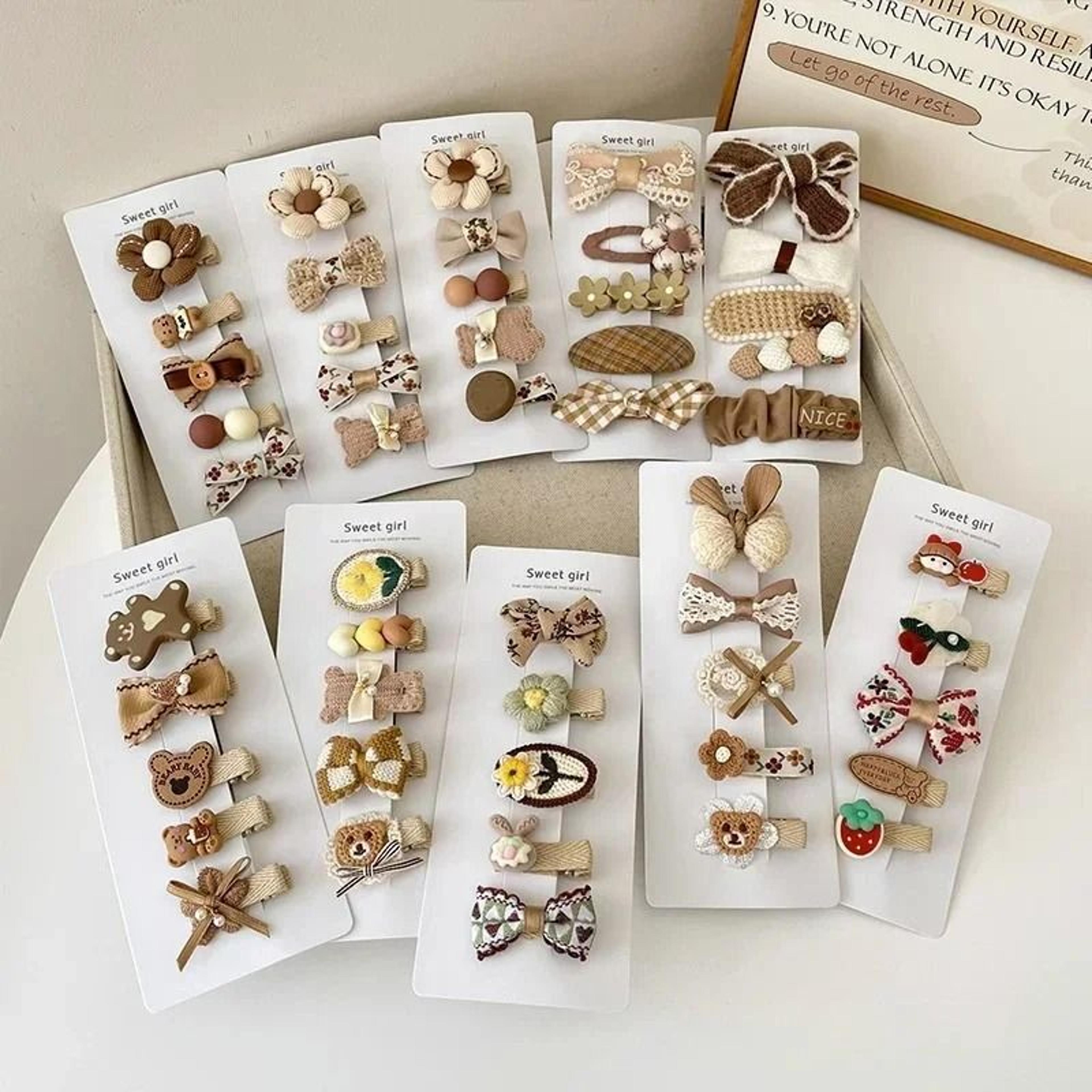 sweet kids plush hair clip set – kawaii autumn/winter beige & coffee bowknot headwear (5pcs)