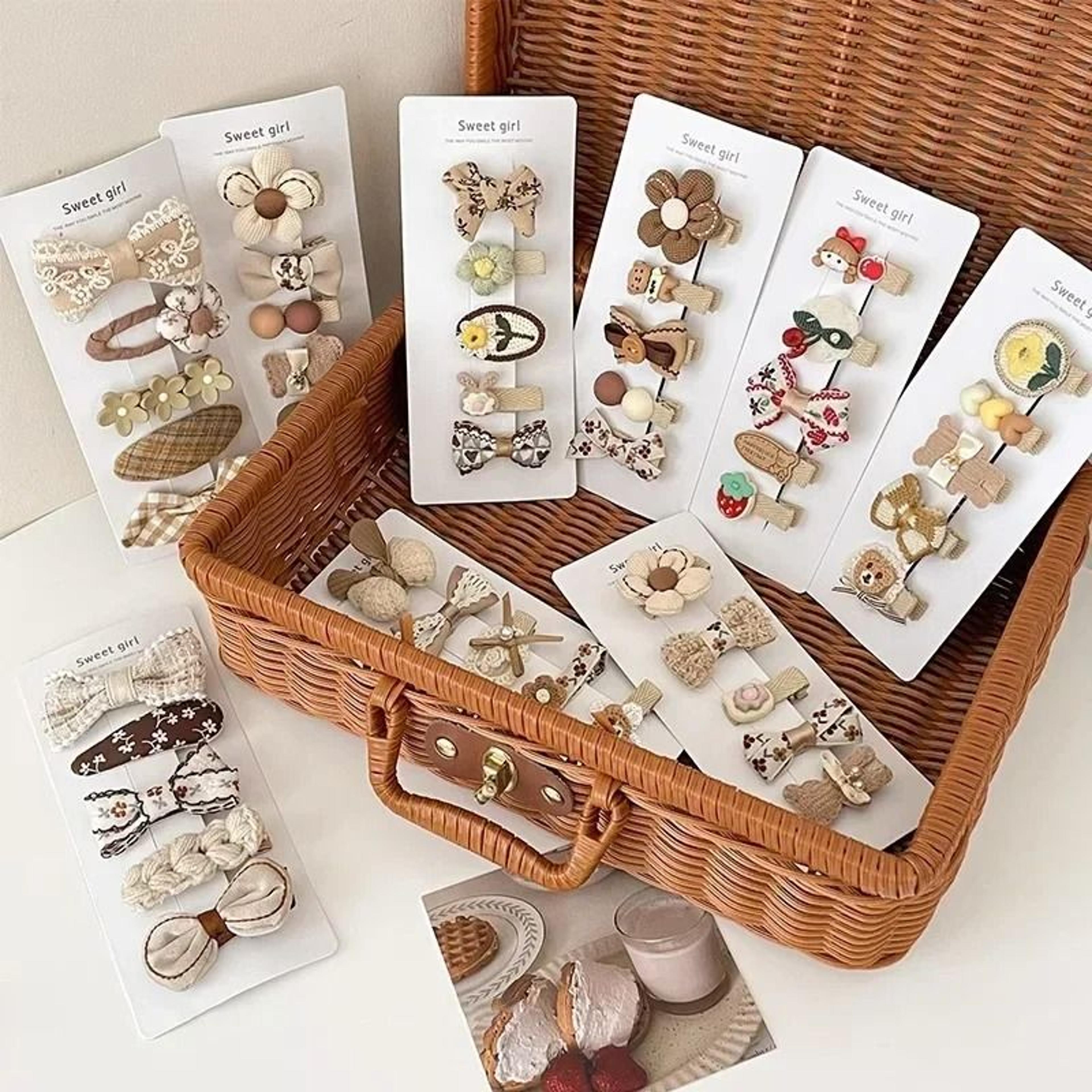 Sweet Kids Plush Hair Clip Set  Kawaii AutumnWinter Beige  Coffee Bowknot Headwear 5pcs 1