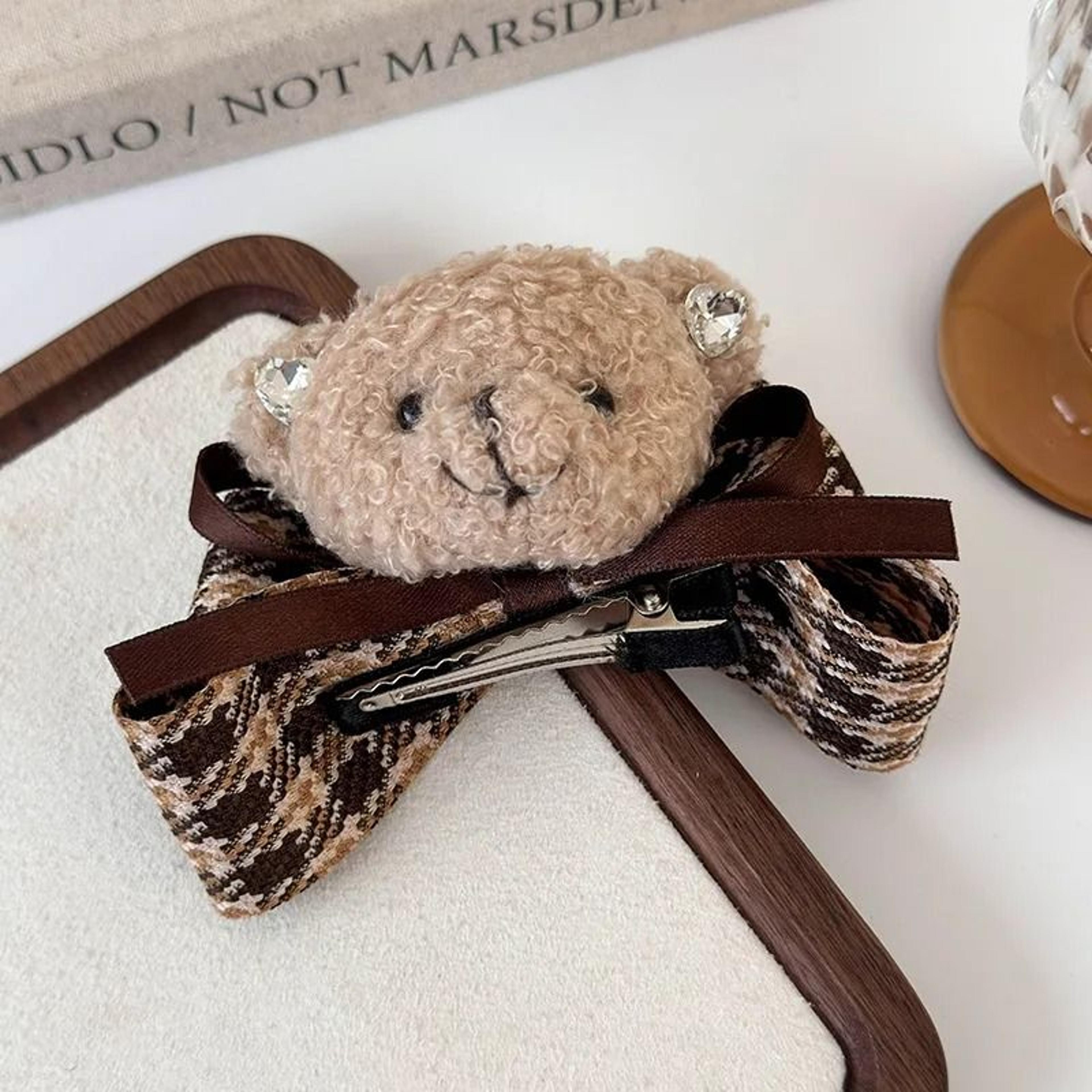 Teddy Bear Checkered Bow Hair Accessory  HighPerformance AutumnWinter Fabric Shark Clip 4