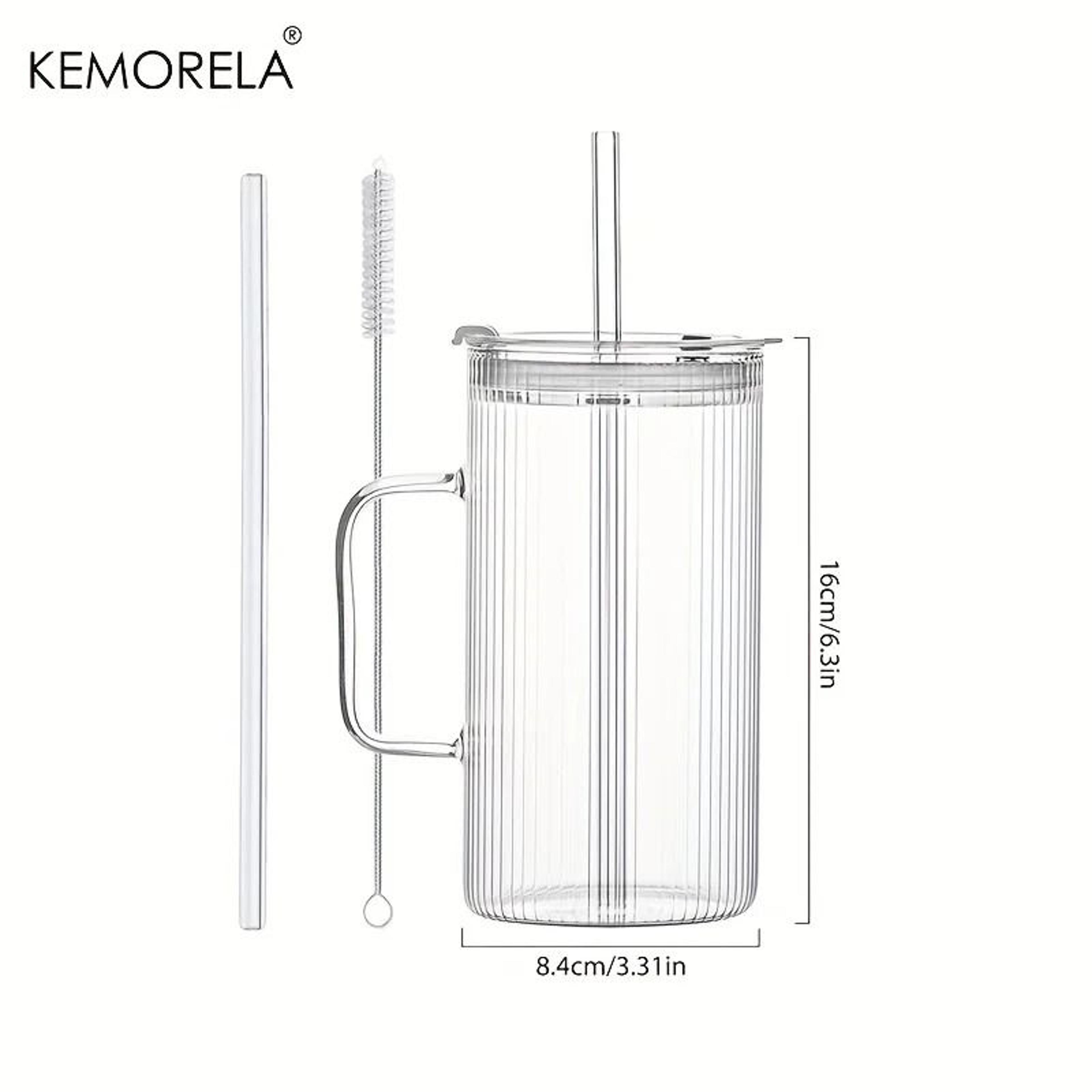 740ML Large Ribbed Glass Tumbler  HighPerformance Clear Drinking Cup With Handle  Lid Set 5