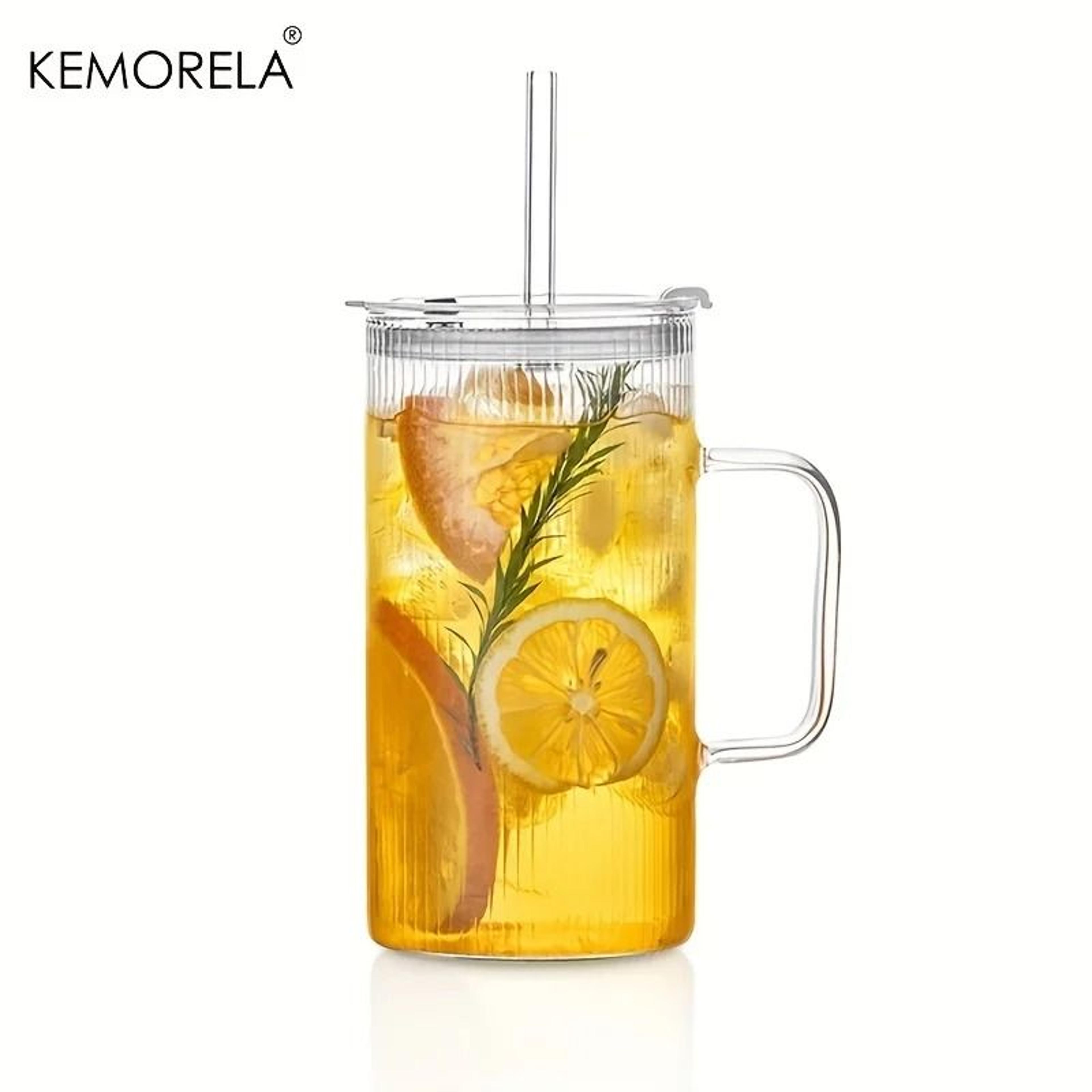 740ML Large Ribbed Glass Tumbler  HighPerformance Clear Drinking Cup With Handle  Lid Set 6