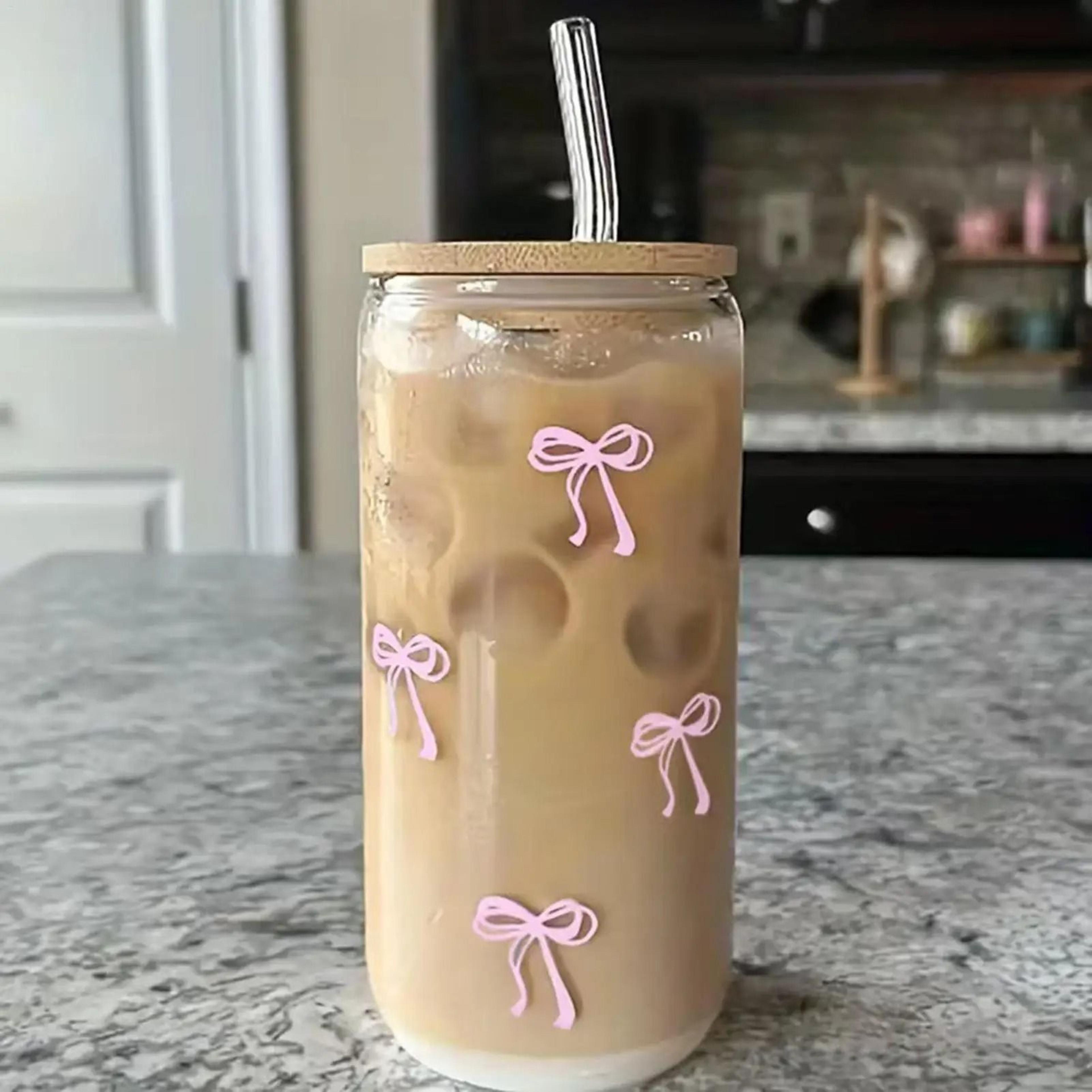 bow shape aesthetic glass tumbler – 500ml high-performance cute drinkware with lid & straw
