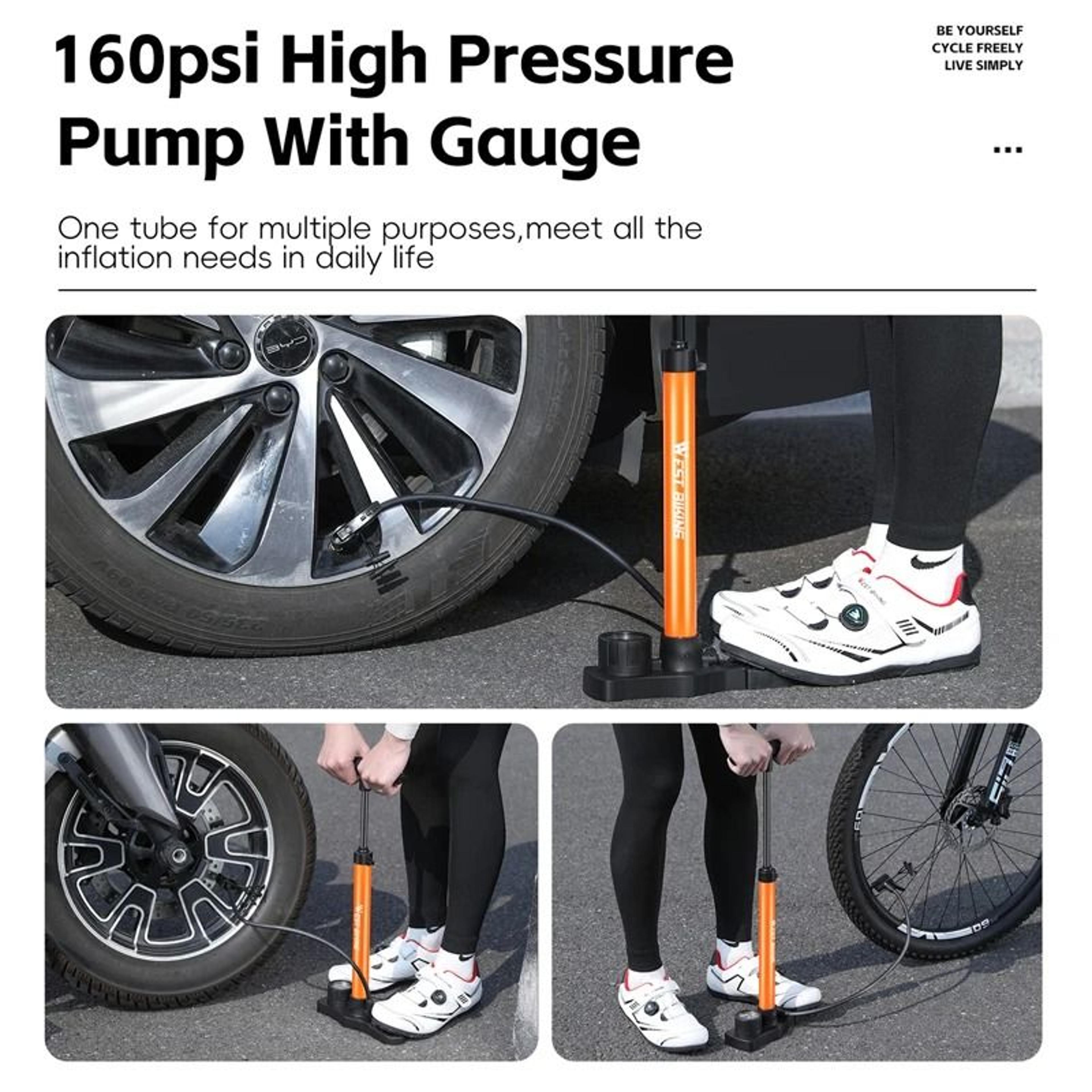 WEST BIKING HighPressure Floor Pump  160PSI Portable Stainless Steel Inflator With Precision Gauge 2