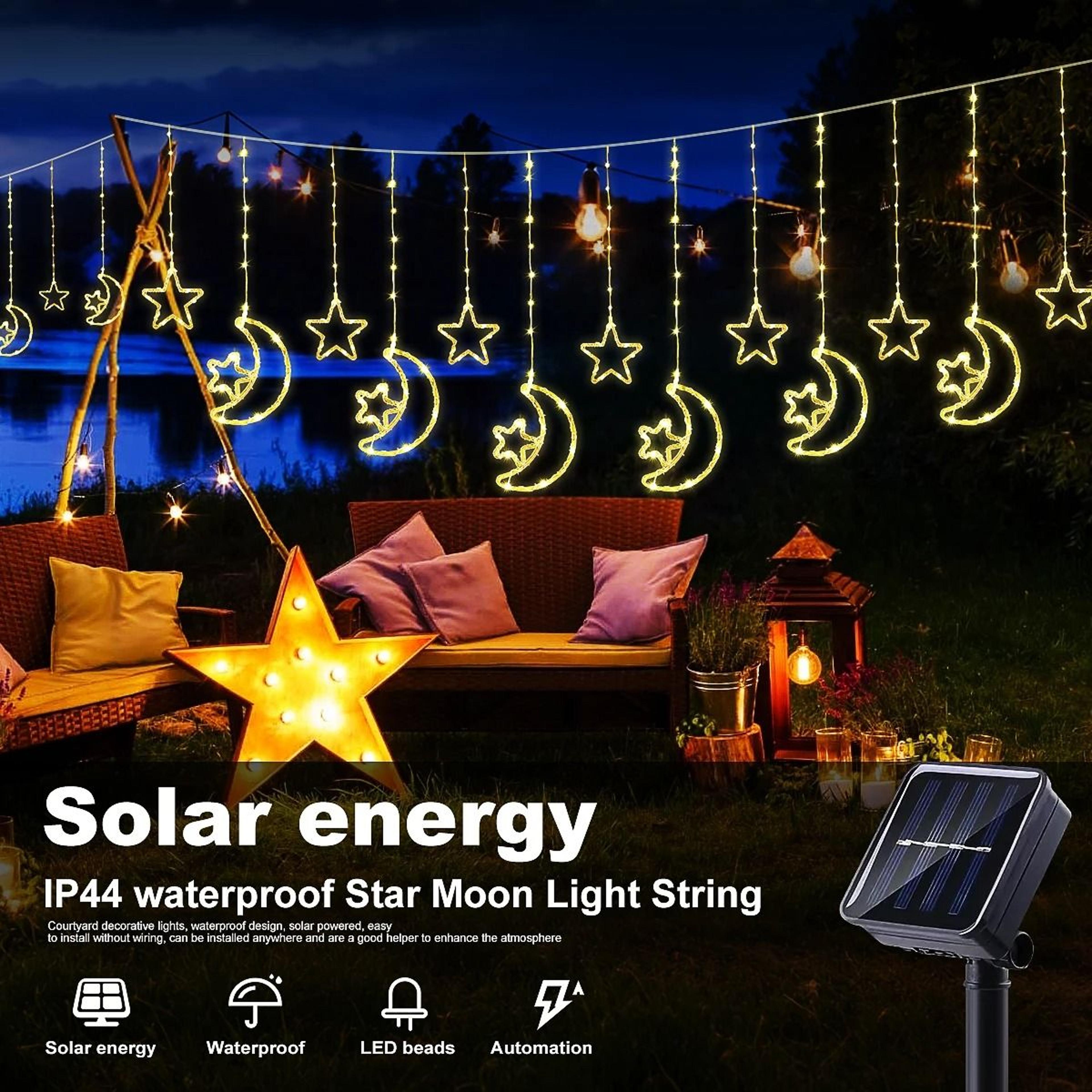 Solar LED Moon  Star Curtain Lights  Waterproof Outdoor String Lights With 8 Lighting Modes 0
