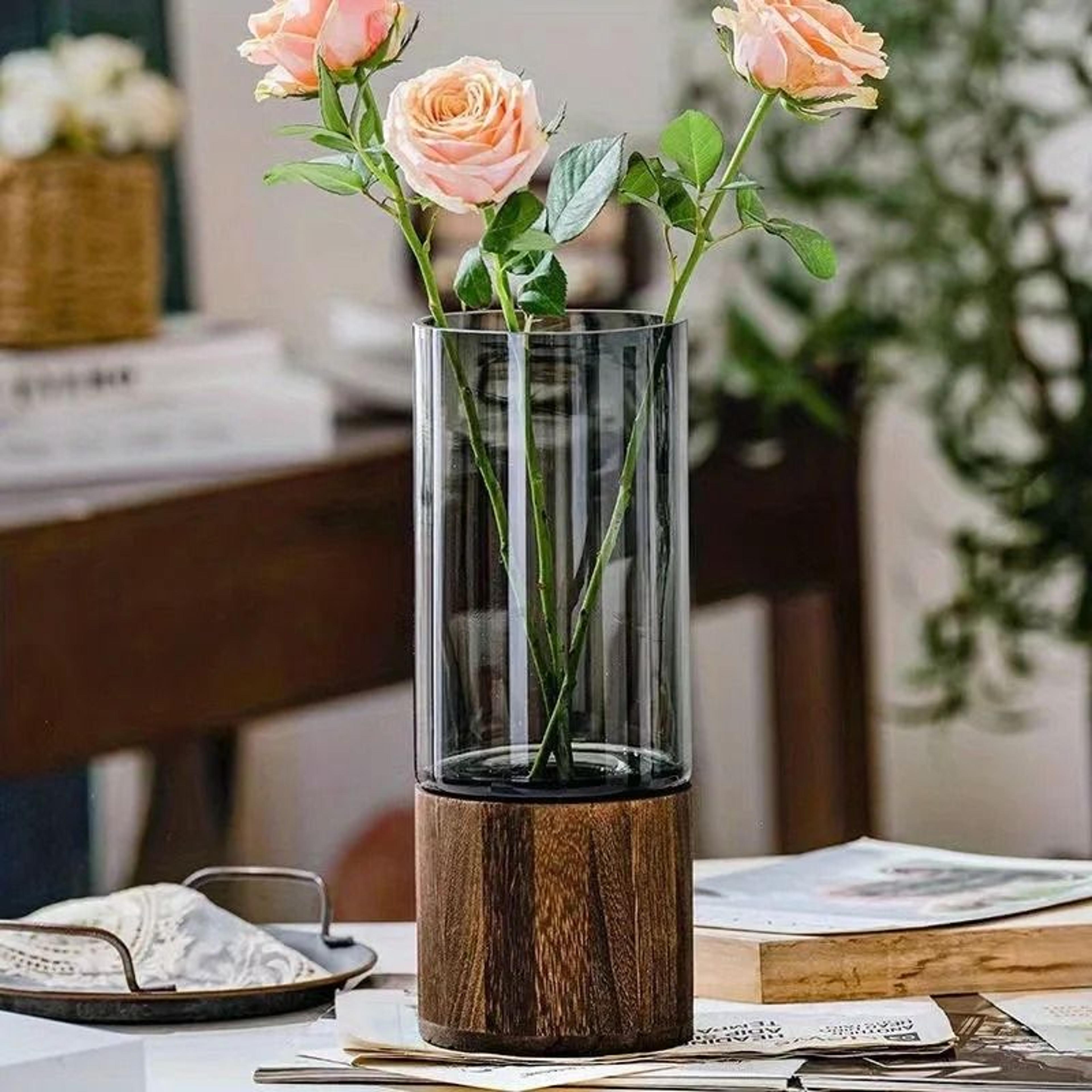 Nordic Style Elegant Glass Vase  Premium Smoked Glass With Solid Wooden Base  Modern Tabletop Flora 2