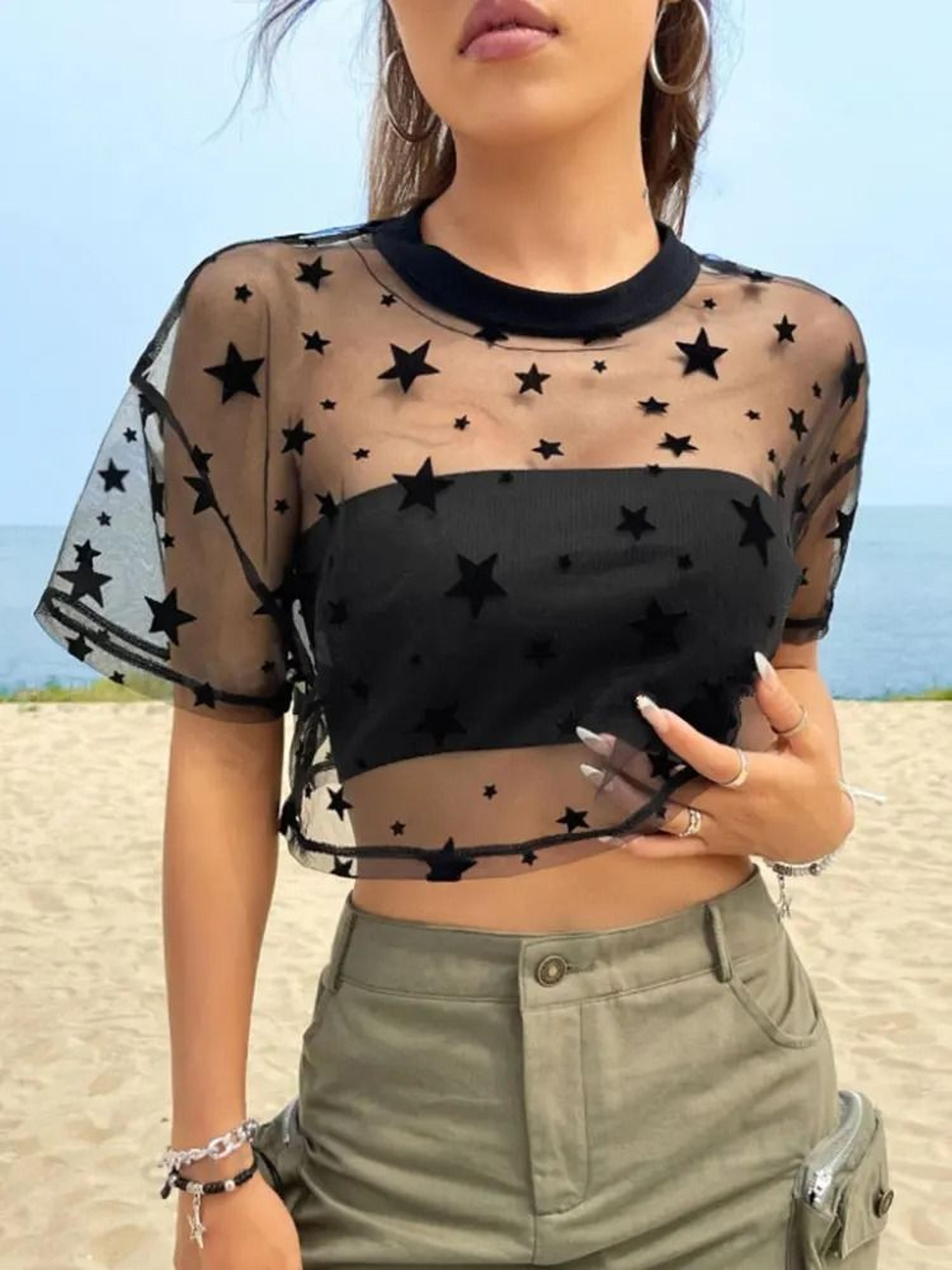 Star Print Drop Shoulder Crop Mesh Top Summer Outfits Without Camisole 3