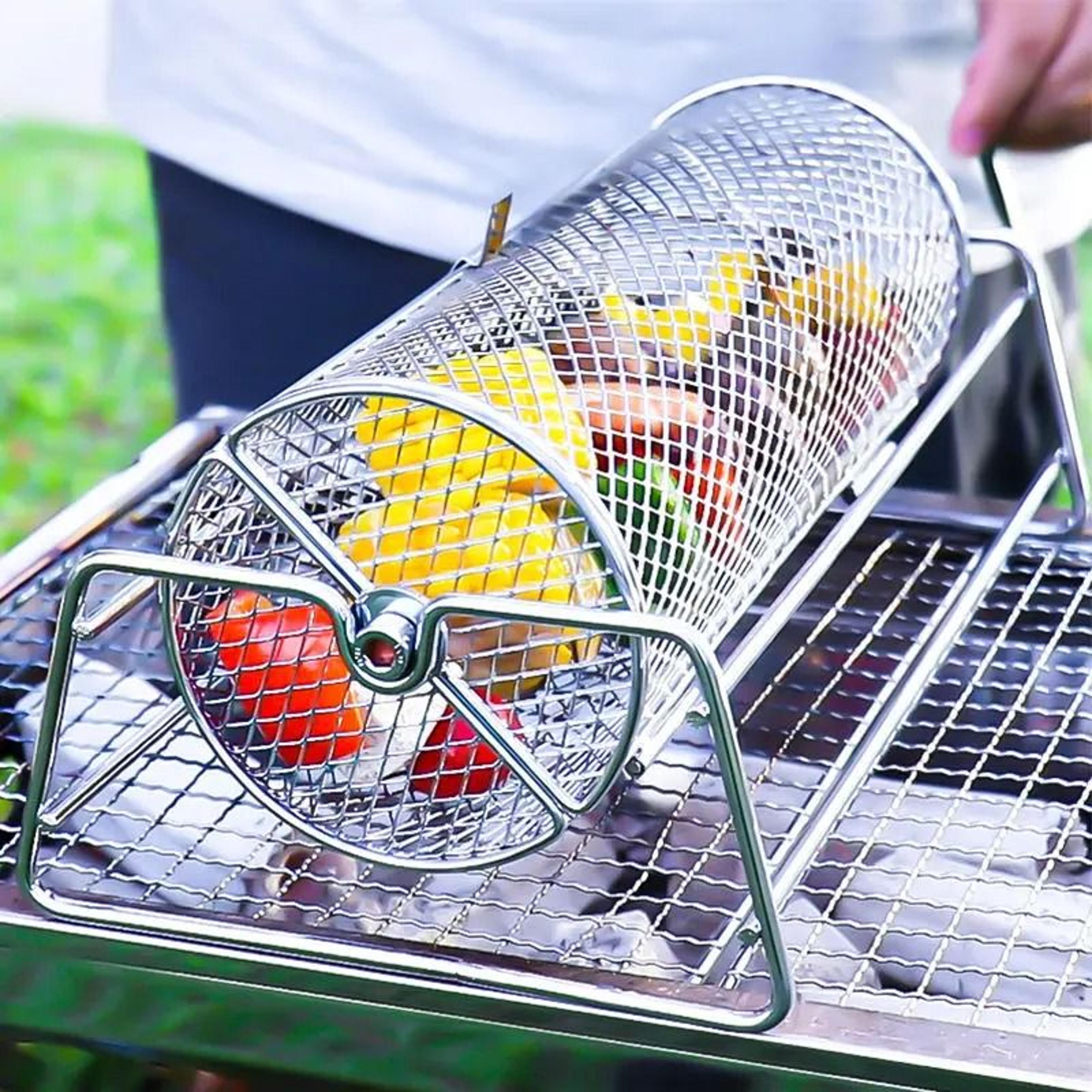 stainless steel rolling bbq grill mesh basket rotisserie barbecue cage roaster