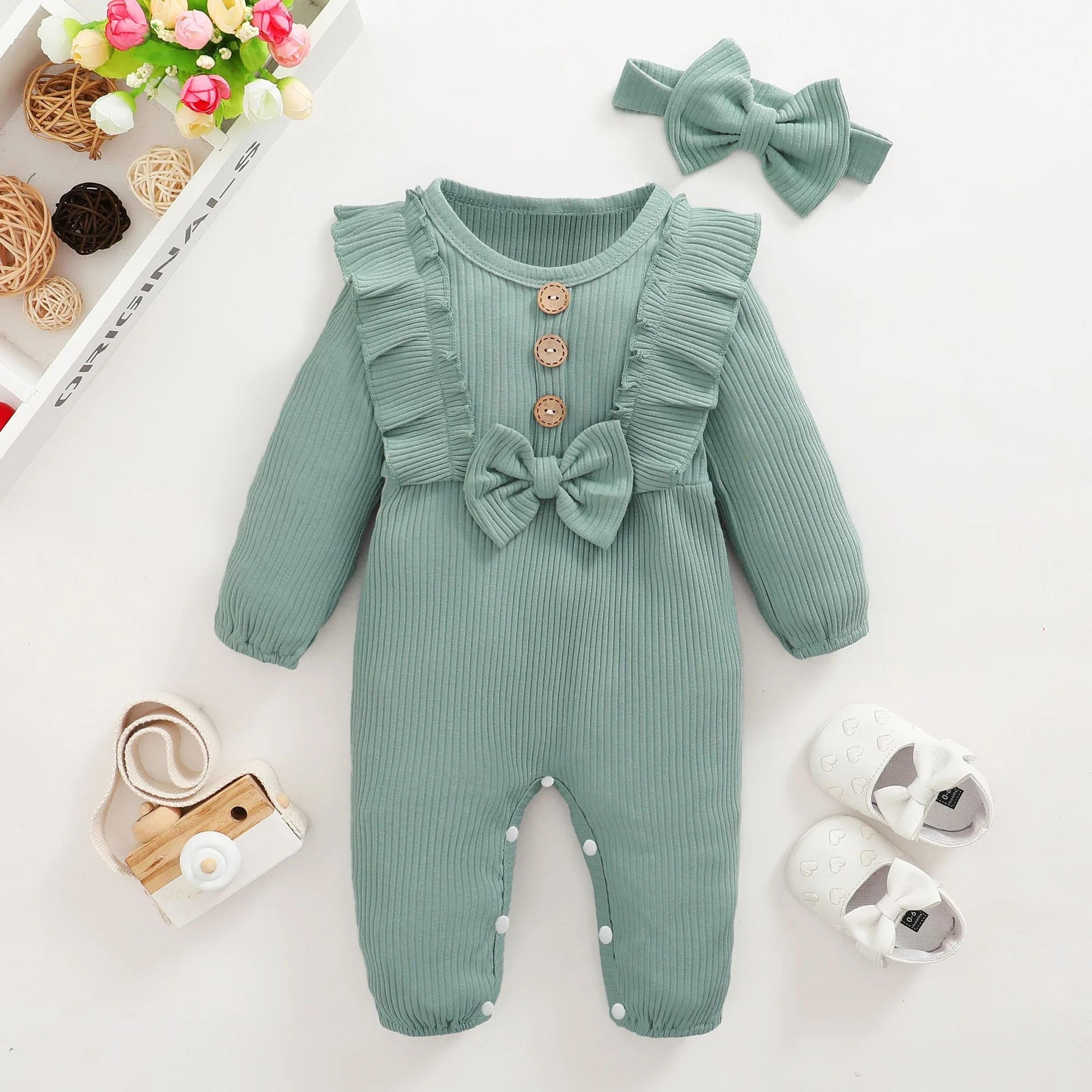 2Piece Newborn Girl Ruffle Romper  Headband  Long Sleeve AutumnWinter Bodysuit 7