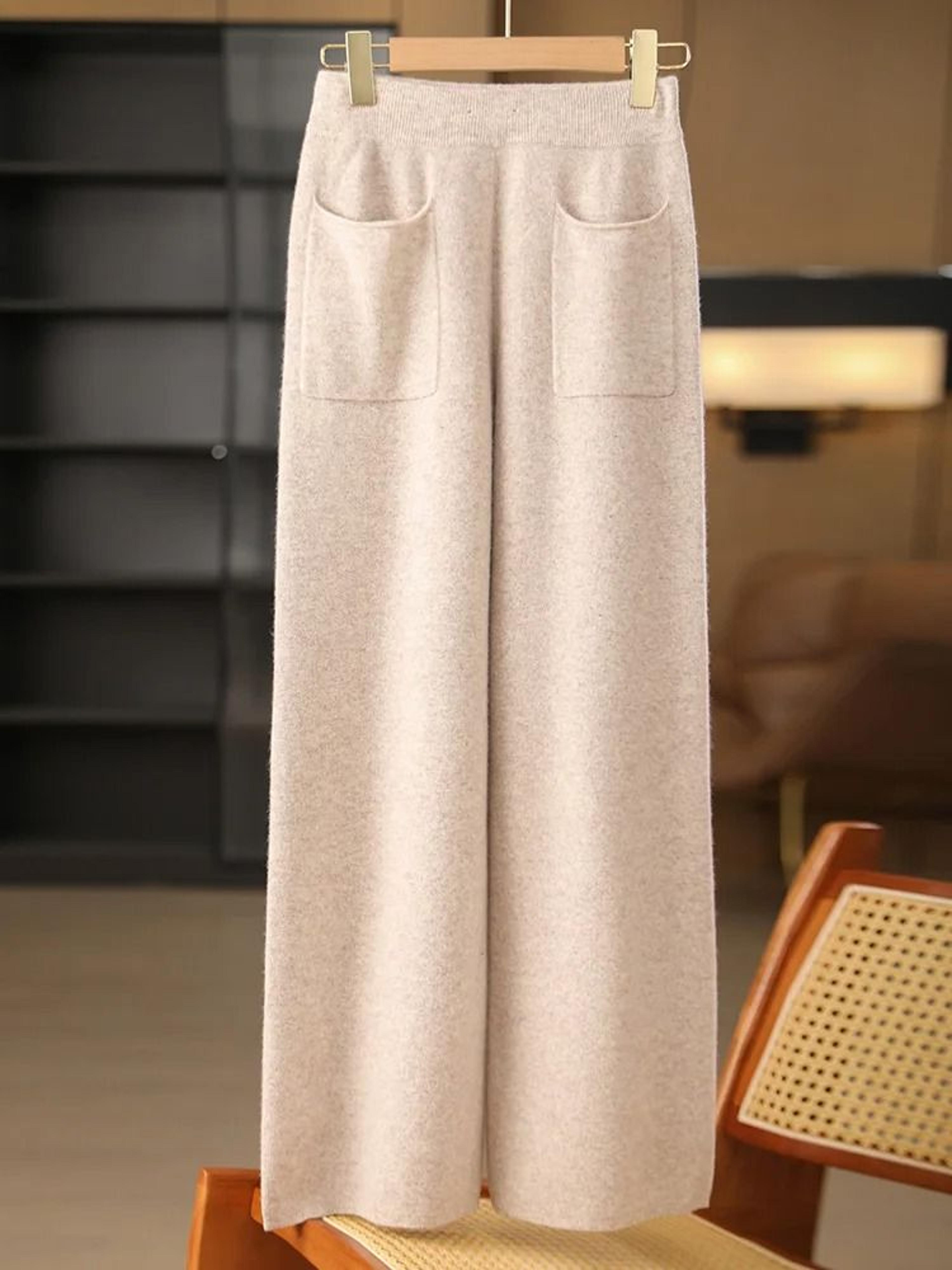Women 100 Merino Wool Knitted Wide Leg Pants Autumn Winter Loose Soft Warm Bottoms With Pockets 2