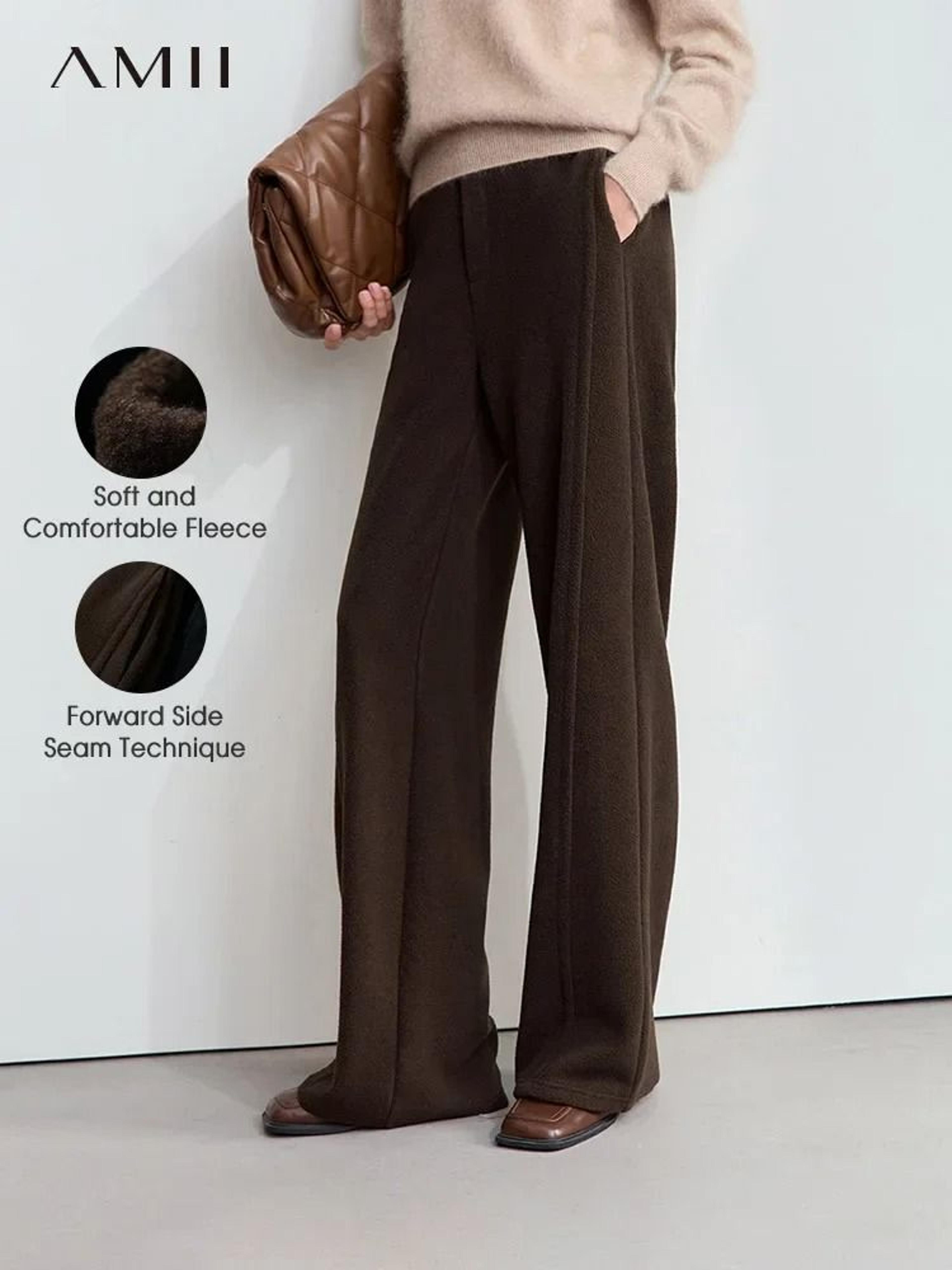 amii minimalist winter suede wide leg trousers false placket elastic waist professional office pants