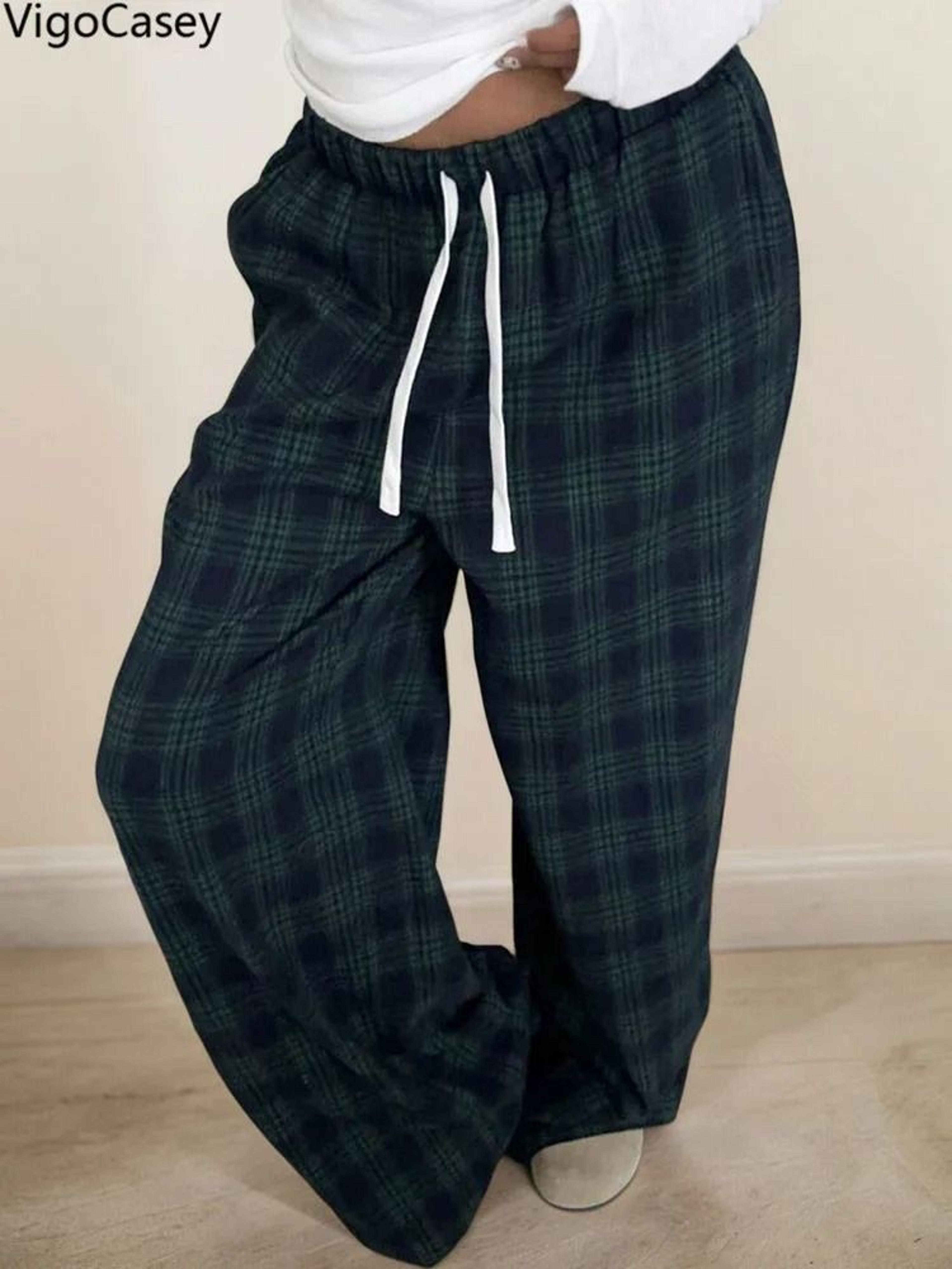 VigoCasey 2025 Women Plaid Print Casual High Waist Wide Leg Pants Green Baggy Autumn Winter Trouser 3
