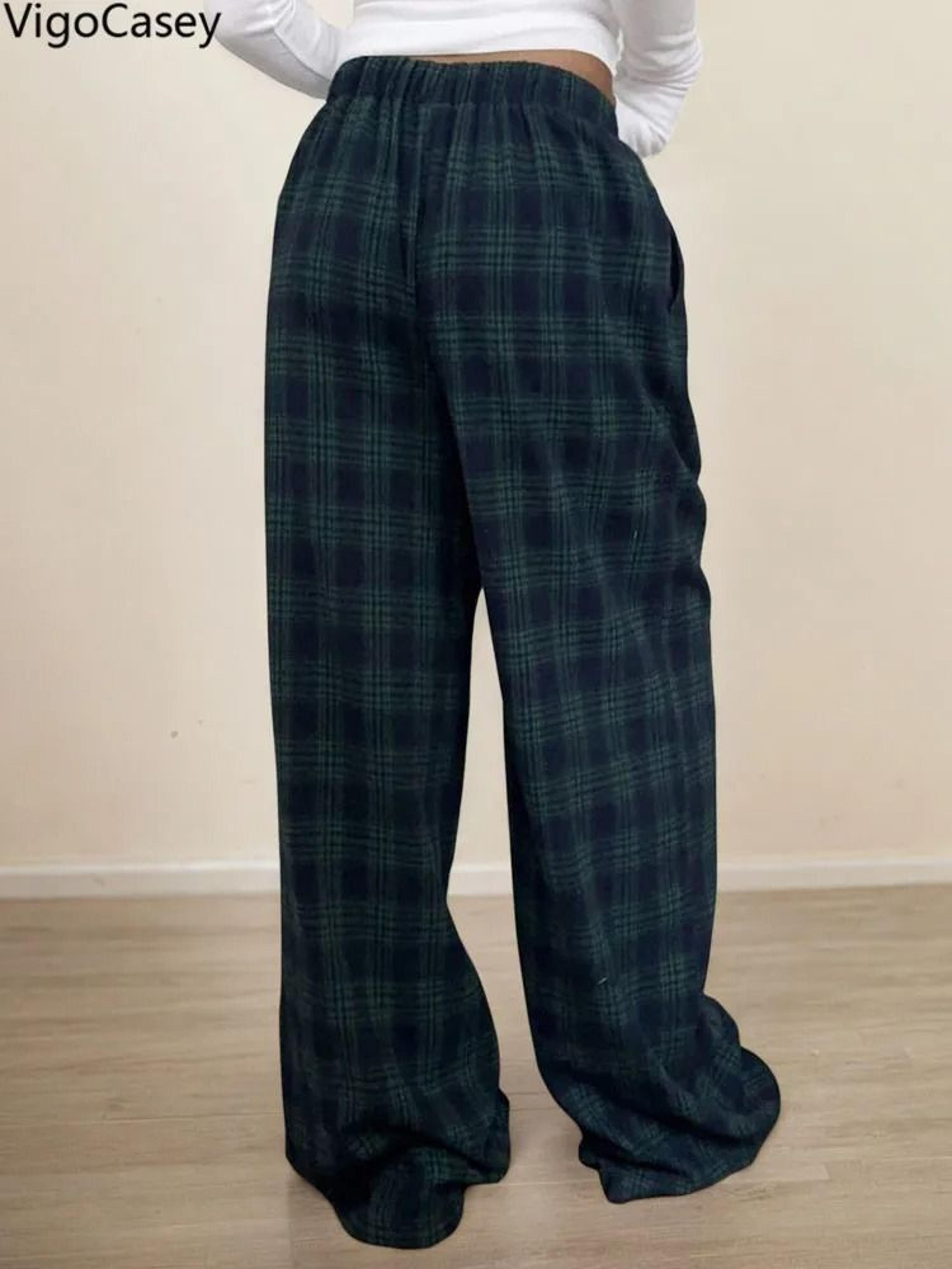 VigoCasey 2025 Women Plaid Print Casual High Waist Wide Leg Pants Green Baggy Autumn Winter Trouser 4