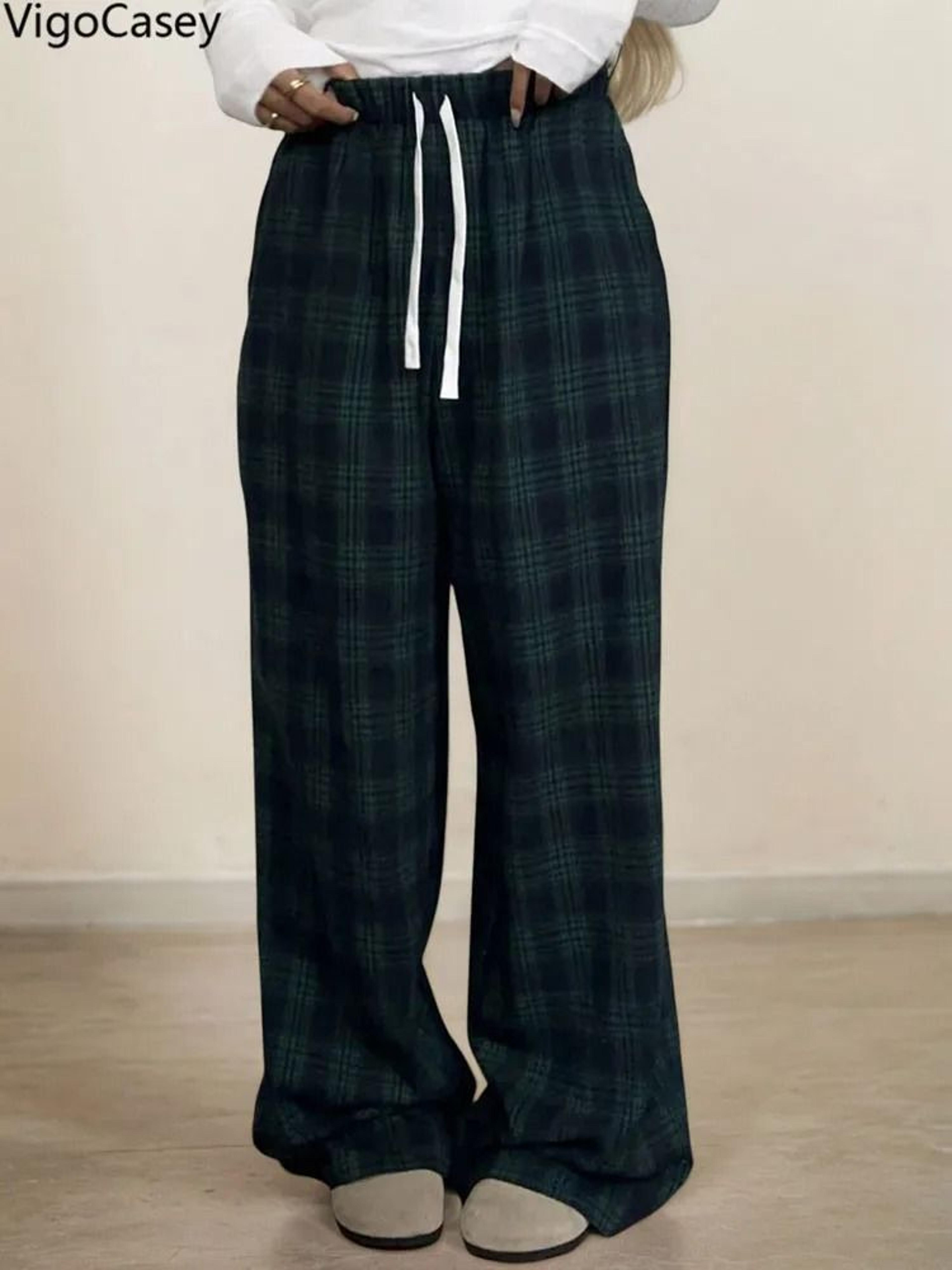 VigoCasey 2025 Women Plaid Print Casual High Waist Wide Leg Pants Green Baggy Autumn Winter Trouser 5