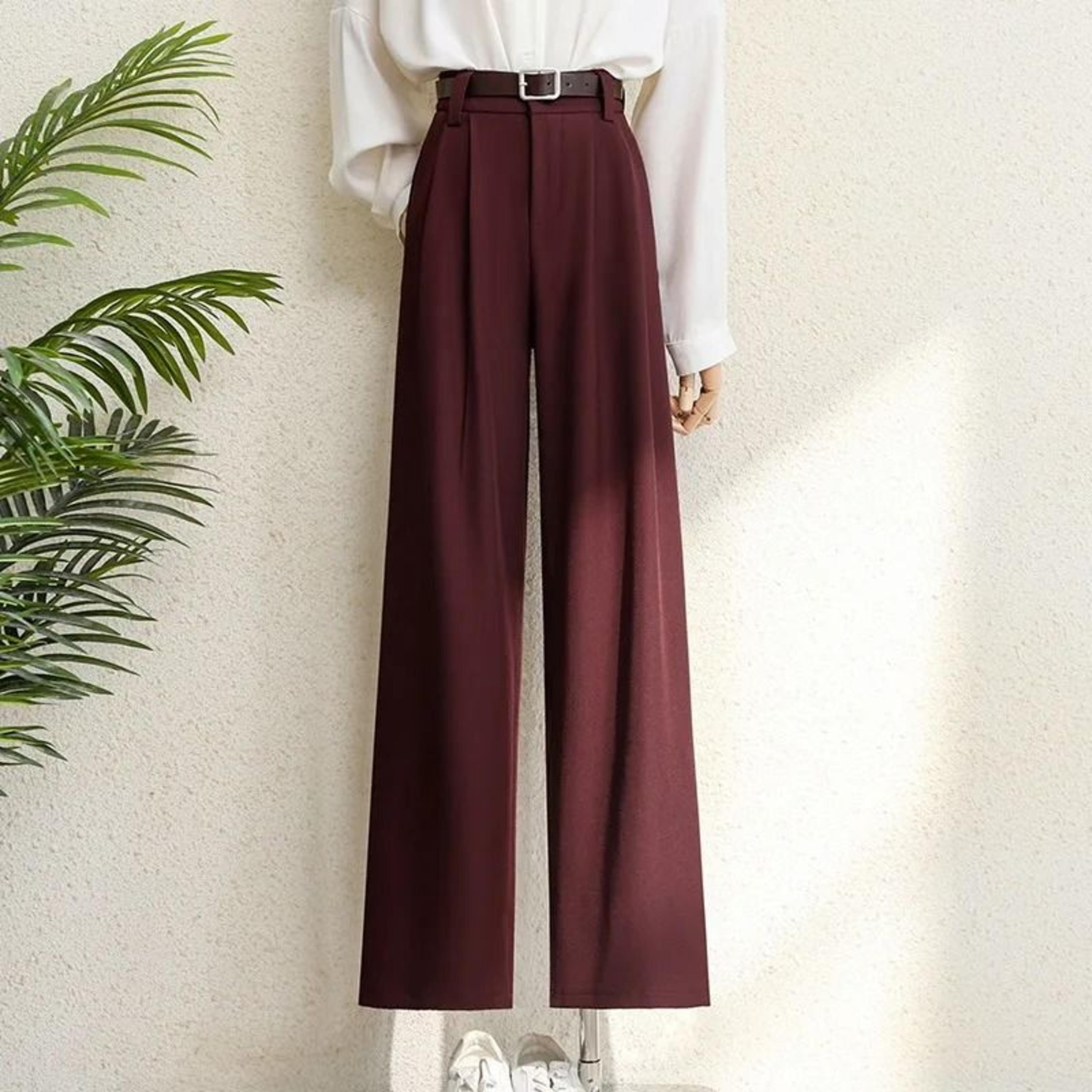 2026 Burgundy Wide Leg Suit Pants Elegant High Waist Office Lady Fashion Trousers With Pockets 6