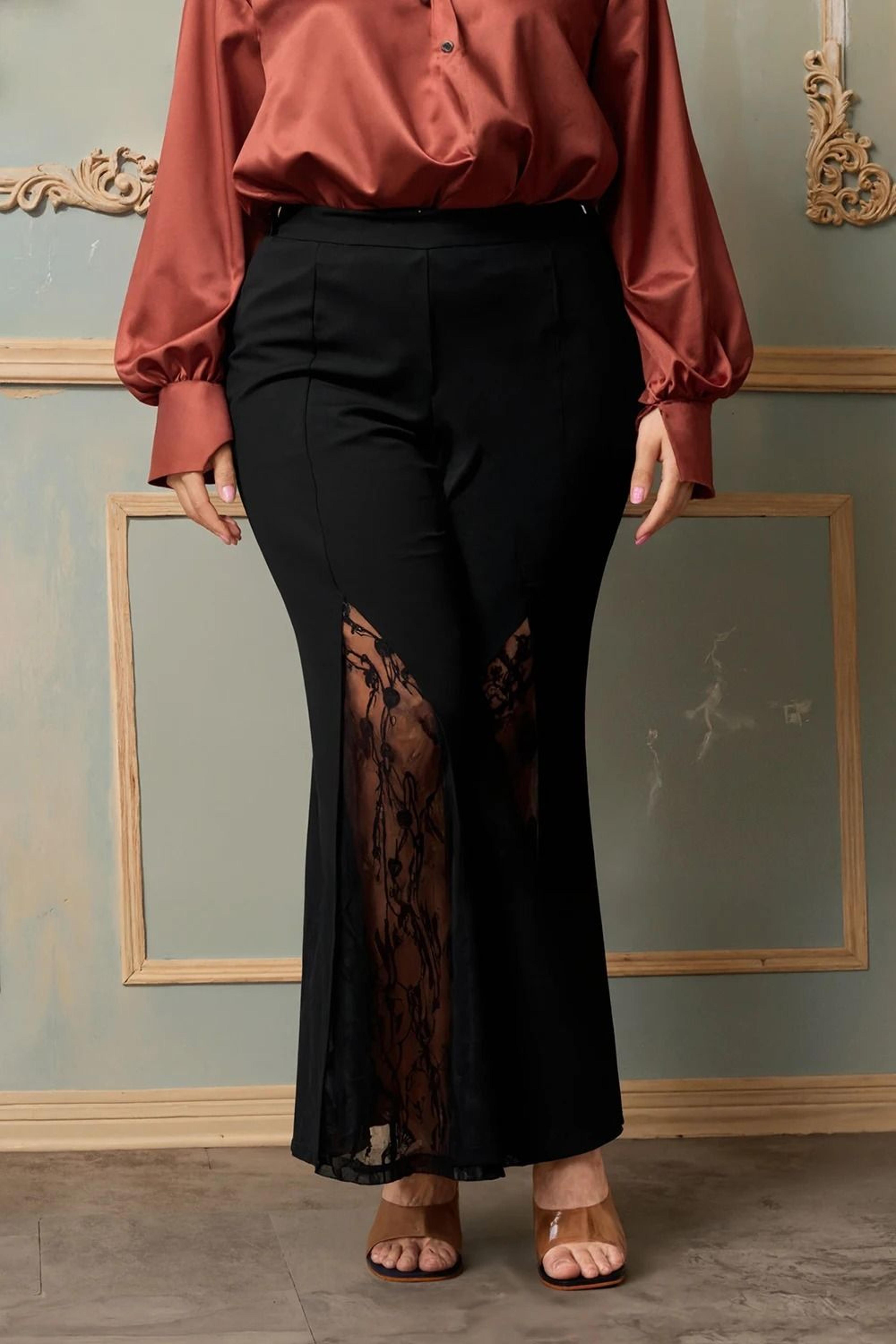 Plus Size Lace Patchwork Hollow Out High Waist Tailored Flare Pants Casual Office Lady Trousers 1