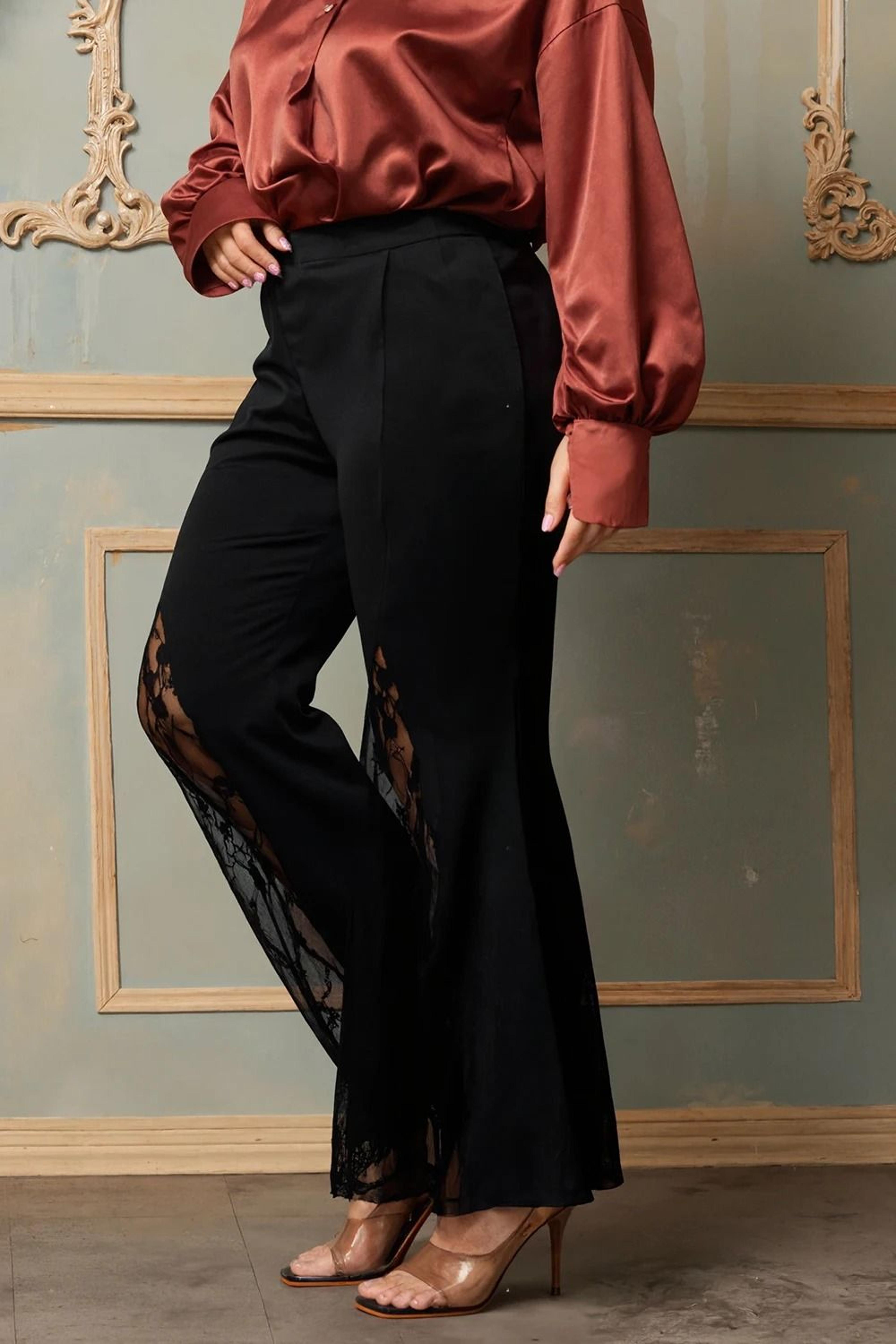 Plus Size Lace Patchwork Hollow Out High Waist Tailored Flare Pants Casual Office Lady Trousers 2