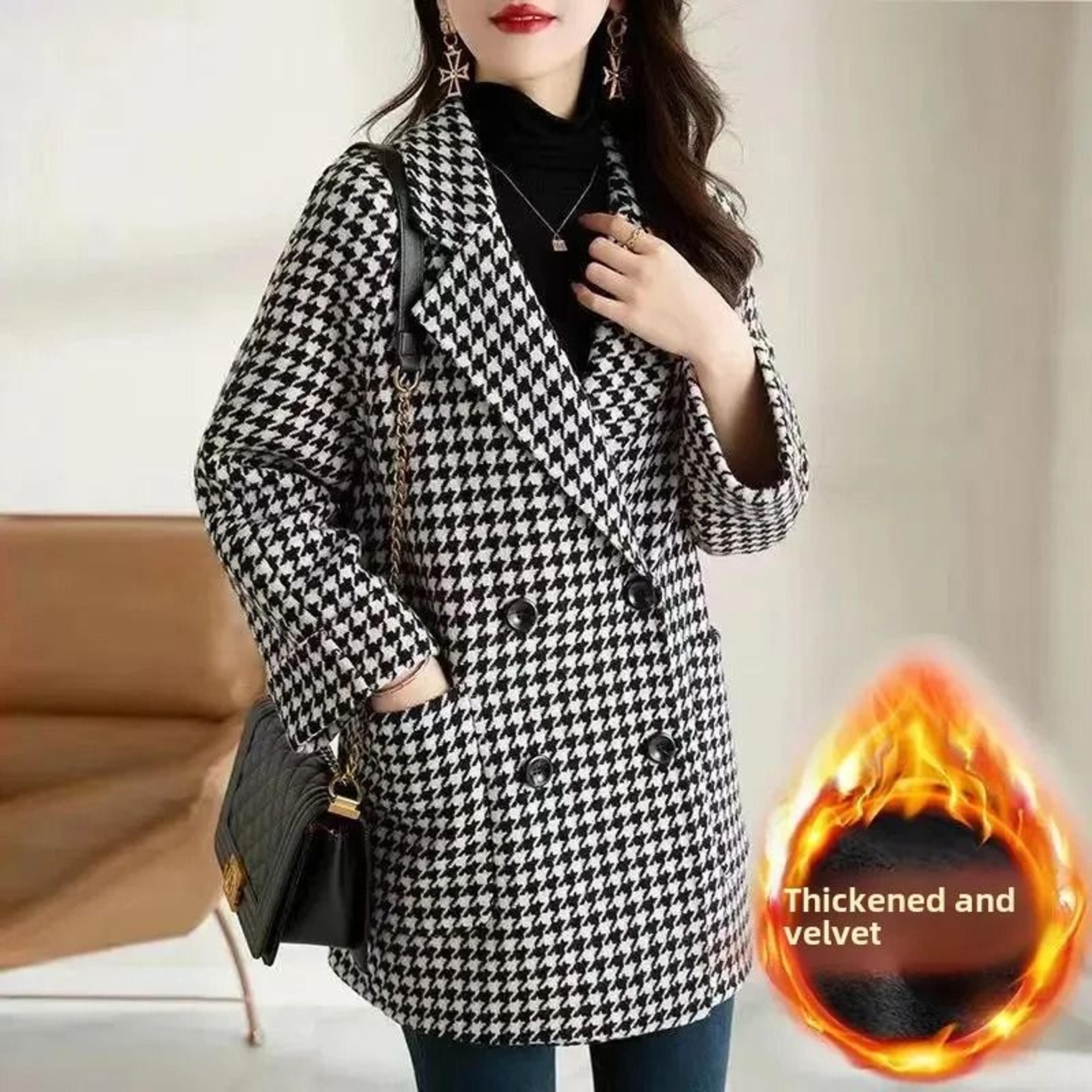 Thousand Birds Plaid Woolen System  Premium Raglan Sleeve FleeceLined Thickened Overcoat  Winter Ya 1