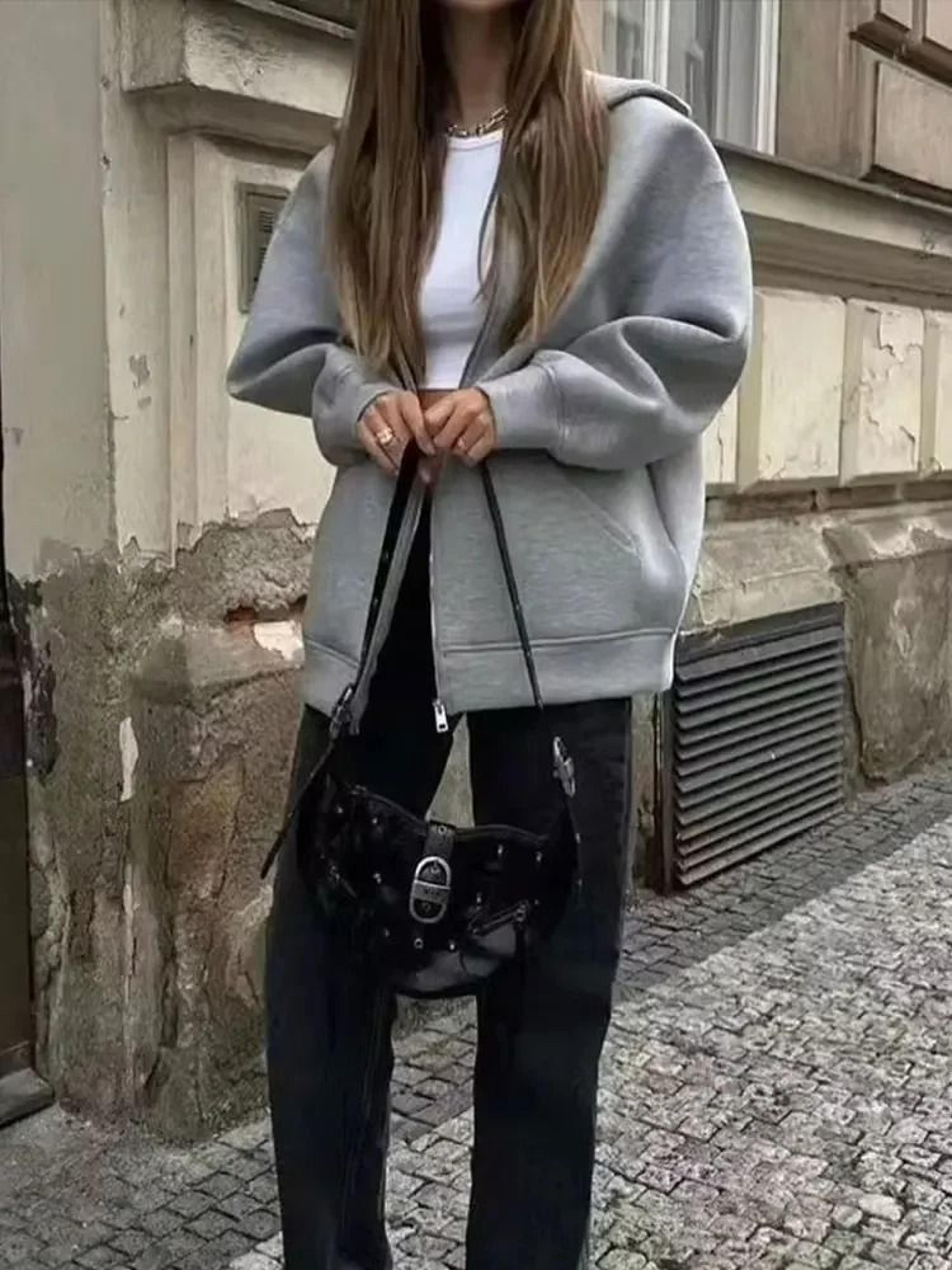 Womens Gray Hooded System  Premium 2025 Autumn Zipper Jacket  Loose Casual Outerwear Infrastructure 1