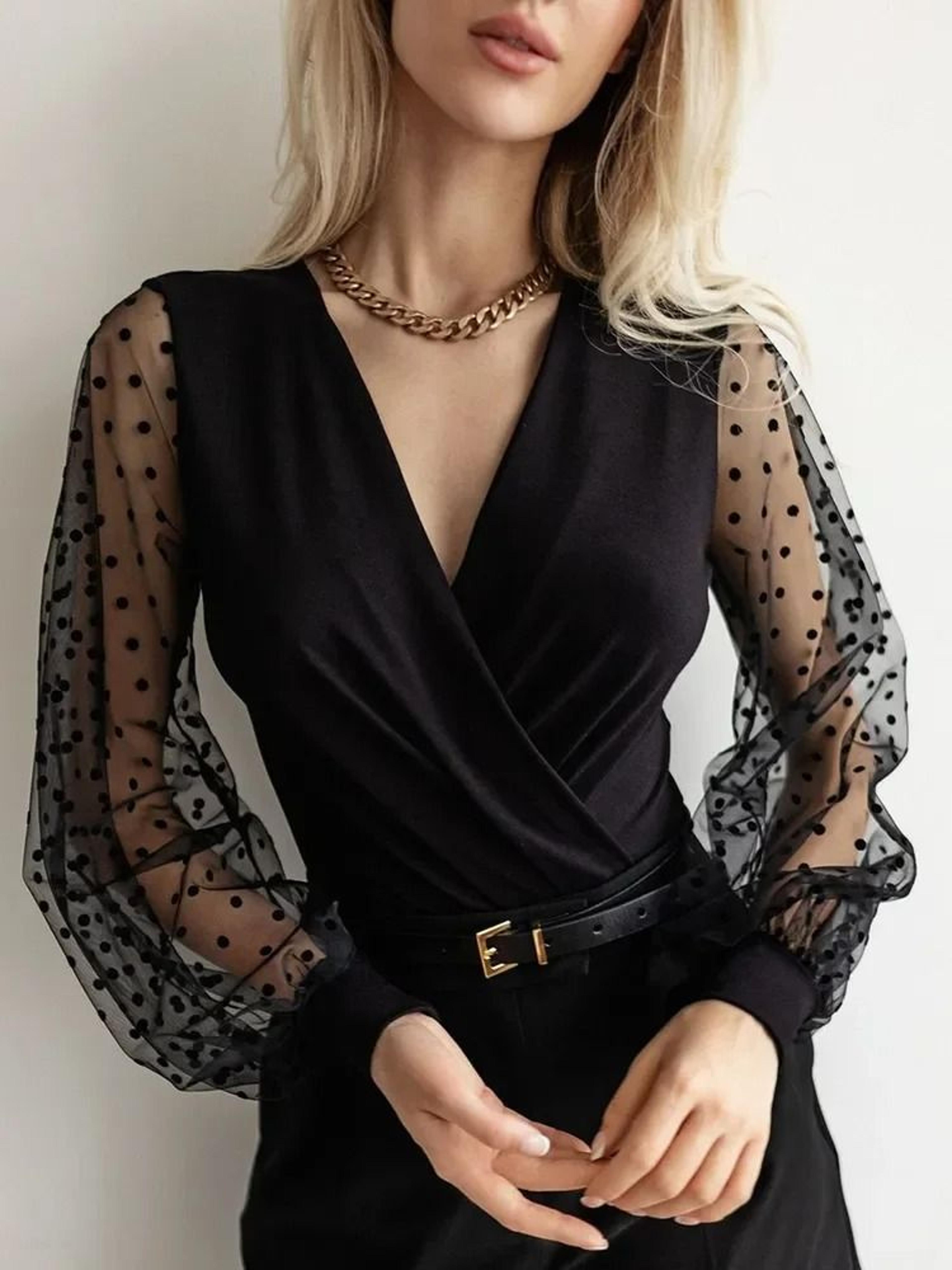Womens Polka Dot Mesh Bodysuit  Premium Balloon Sleeve Crossover Collar  Elegant Stretch Tights 0