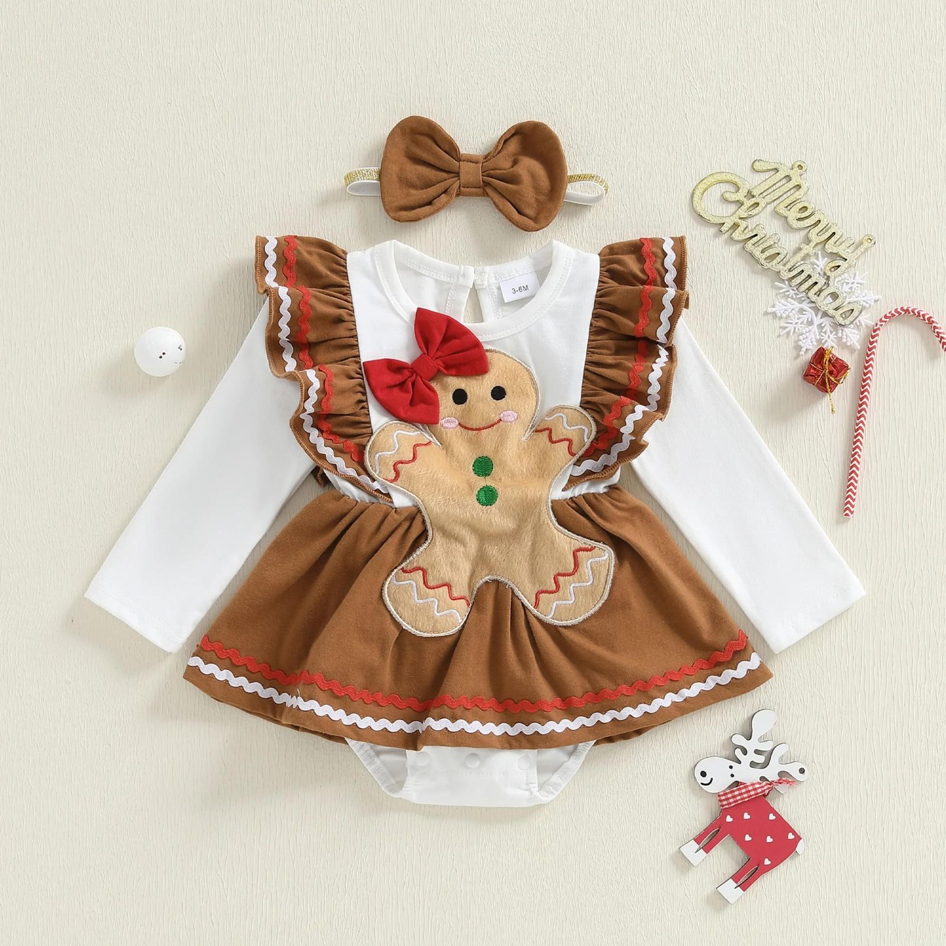 infant girl christmas gingerbread man romper | premium long sleeve dress & bow headband newborn set