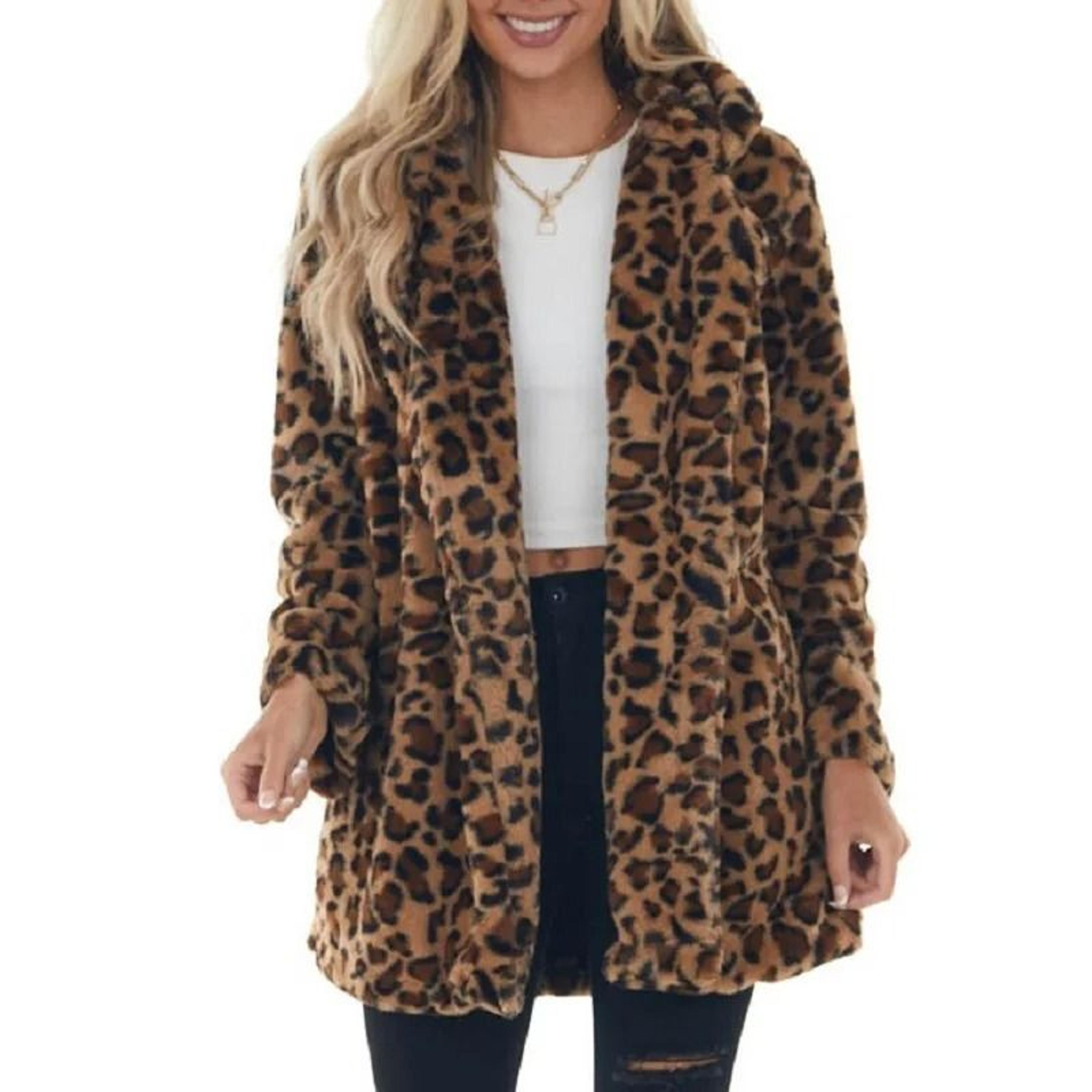 Womens Leopard Faux Fur Coat  Premium Winter Streetwear Overcoat  Casual TurnDown Collar Jacket 9