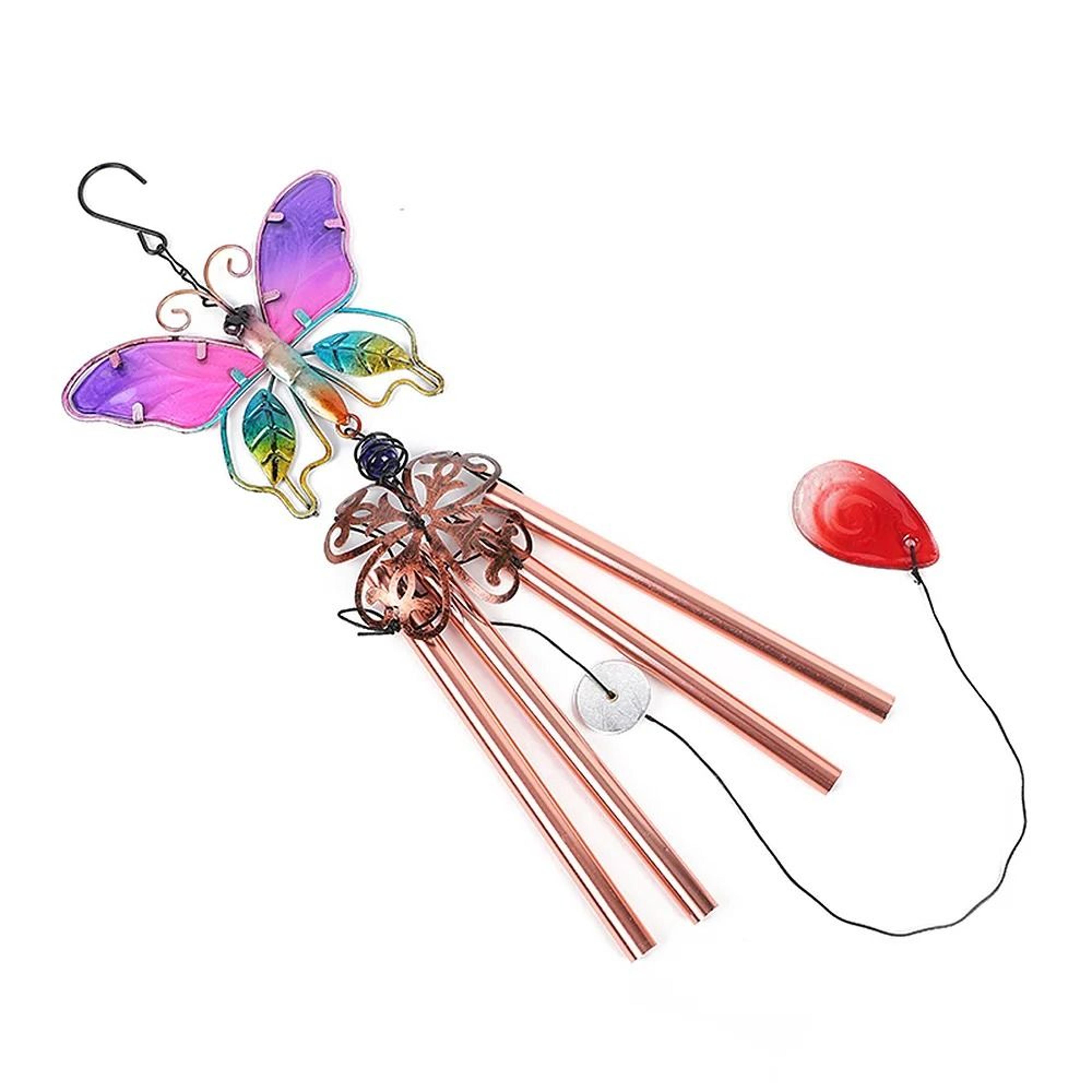 Artisanal Painted Glass  Metal Wind Chime  Hummingbird  Dragonfly Hanging Pendants 16