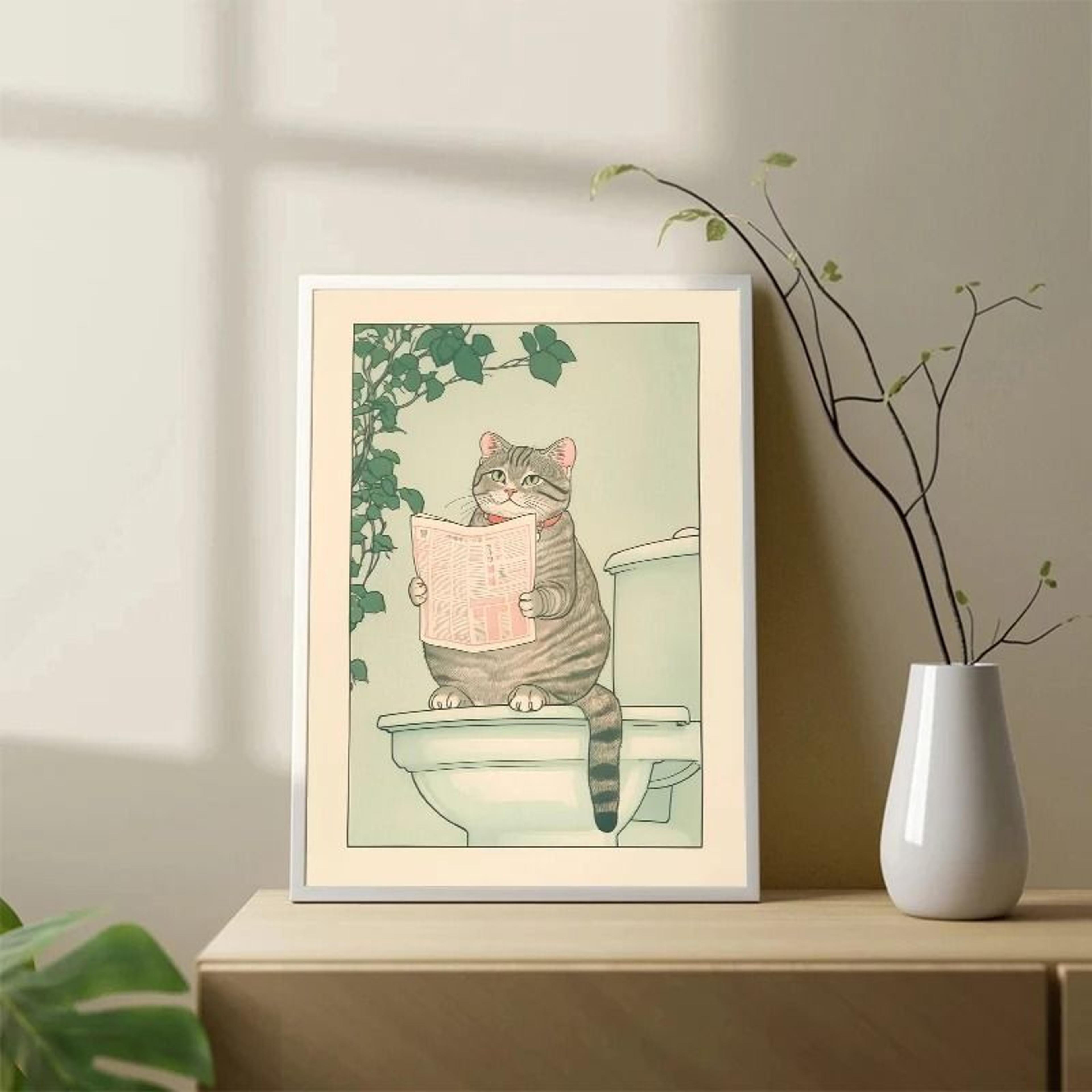 Japanese Tabby Cat In Bathtub Canvas Art  Retro Japandi Bathroom Poster 3
