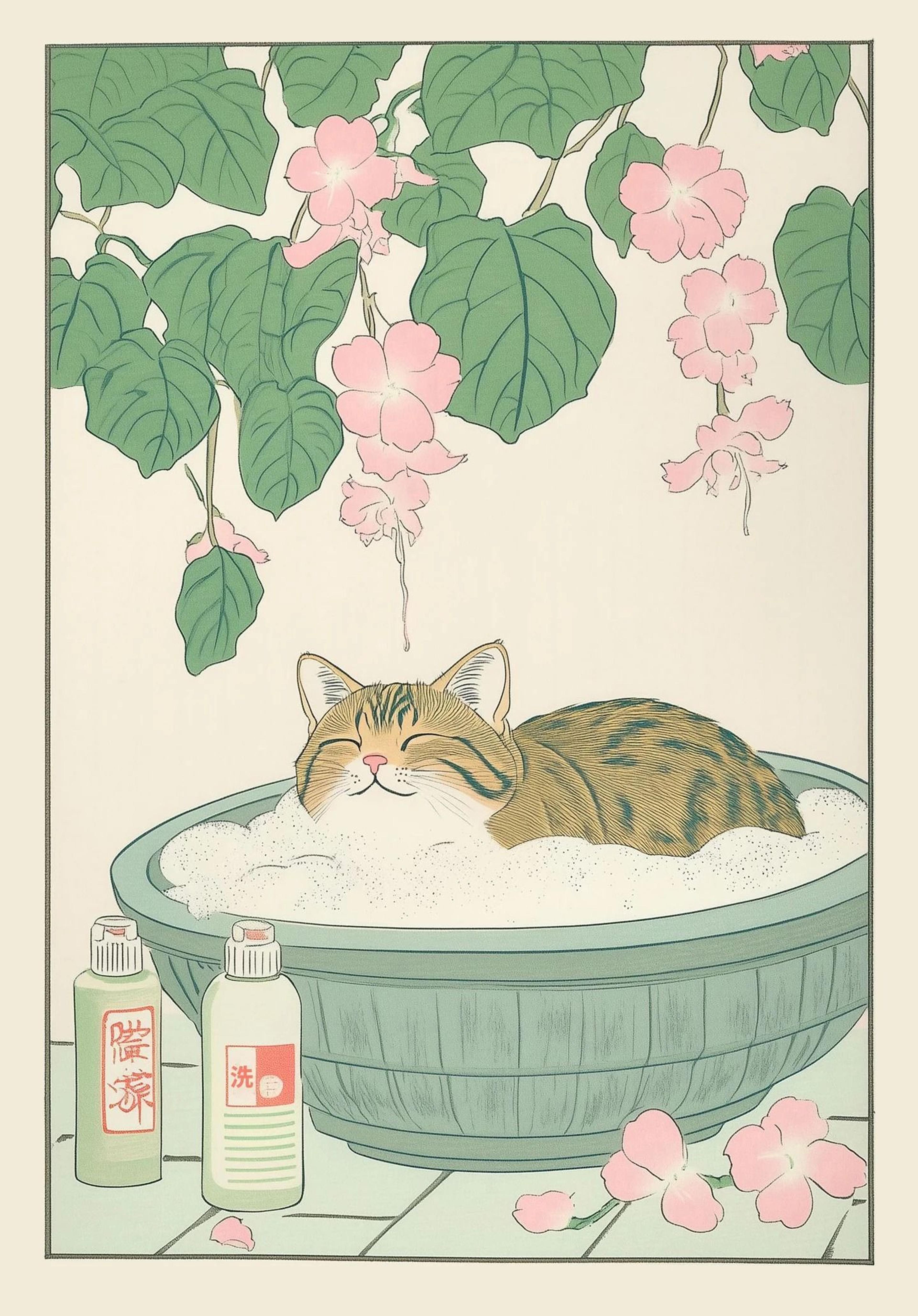 Japanese Tabby Cat In Bathtub Canvas Art  Retro Japandi Bathroom Poster 7