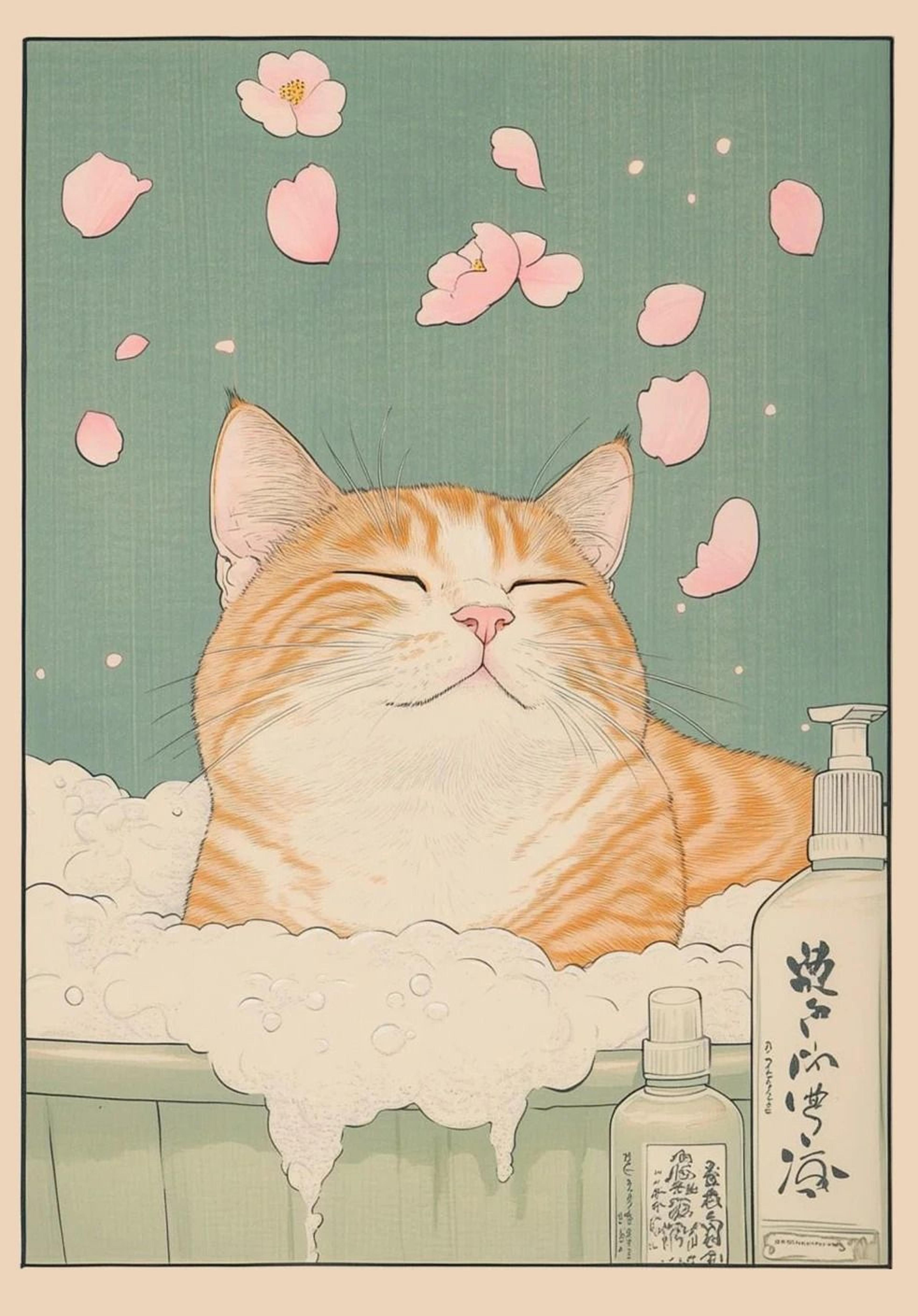 Japanese Tabby Cat In Bathtub Canvas Art  Retro Japandi Bathroom Poster 14