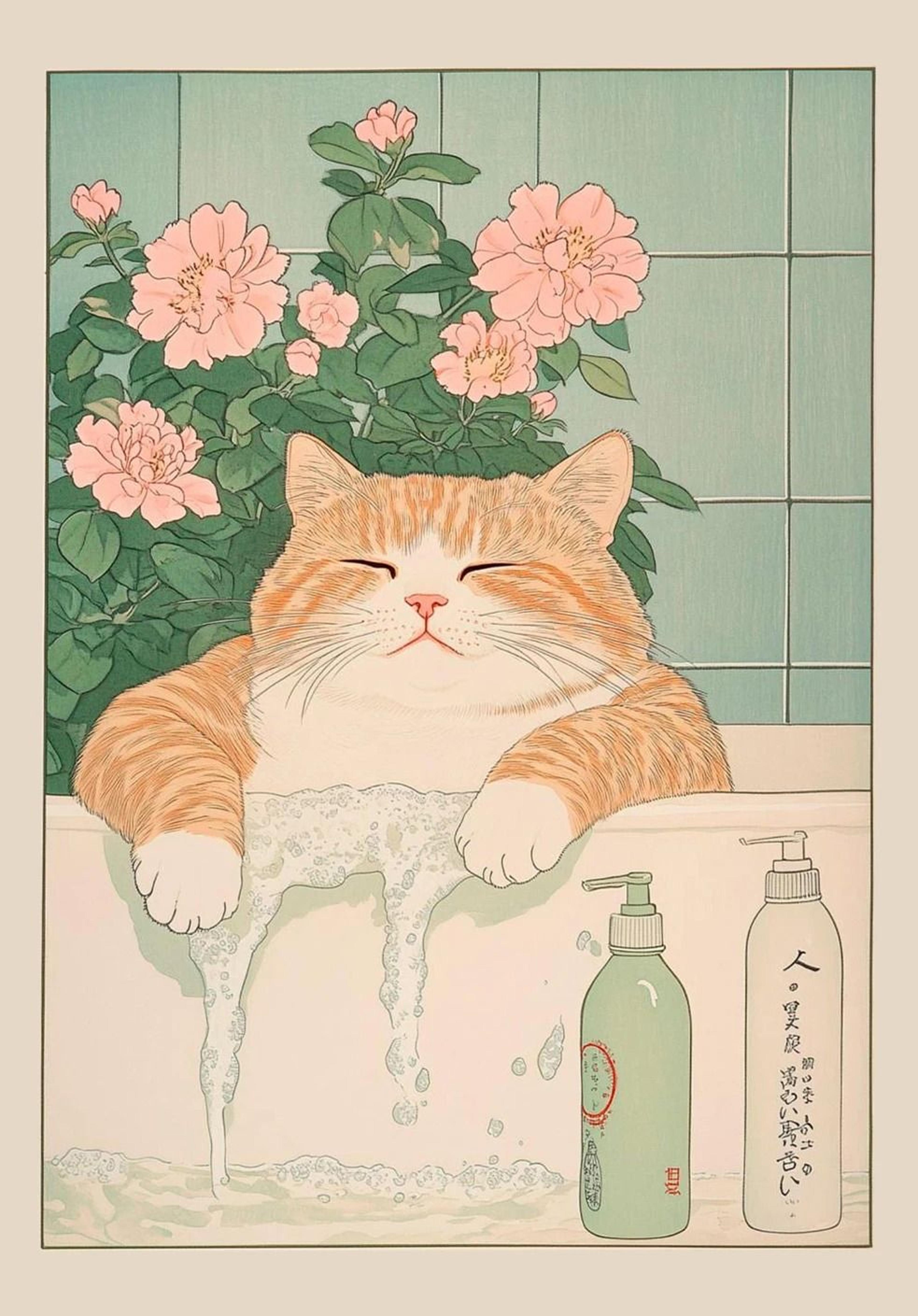 Japanese Tabby Cat In Bathtub Canvas Art  Retro Japandi Bathroom Poster 17