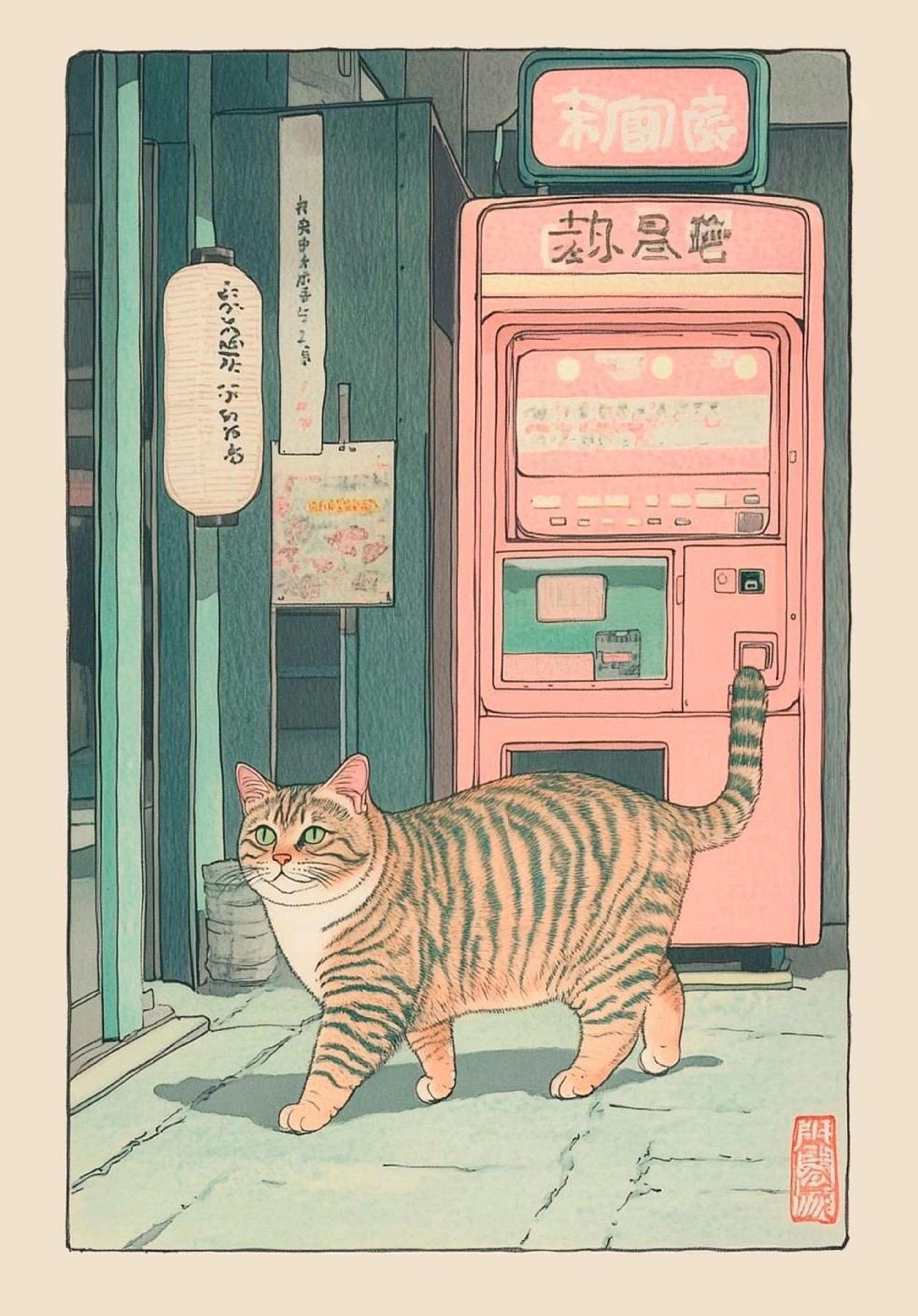 Japanese Tabby Cat In Bathtub Canvas Art  Retro Japandi Bathroom Poster 18