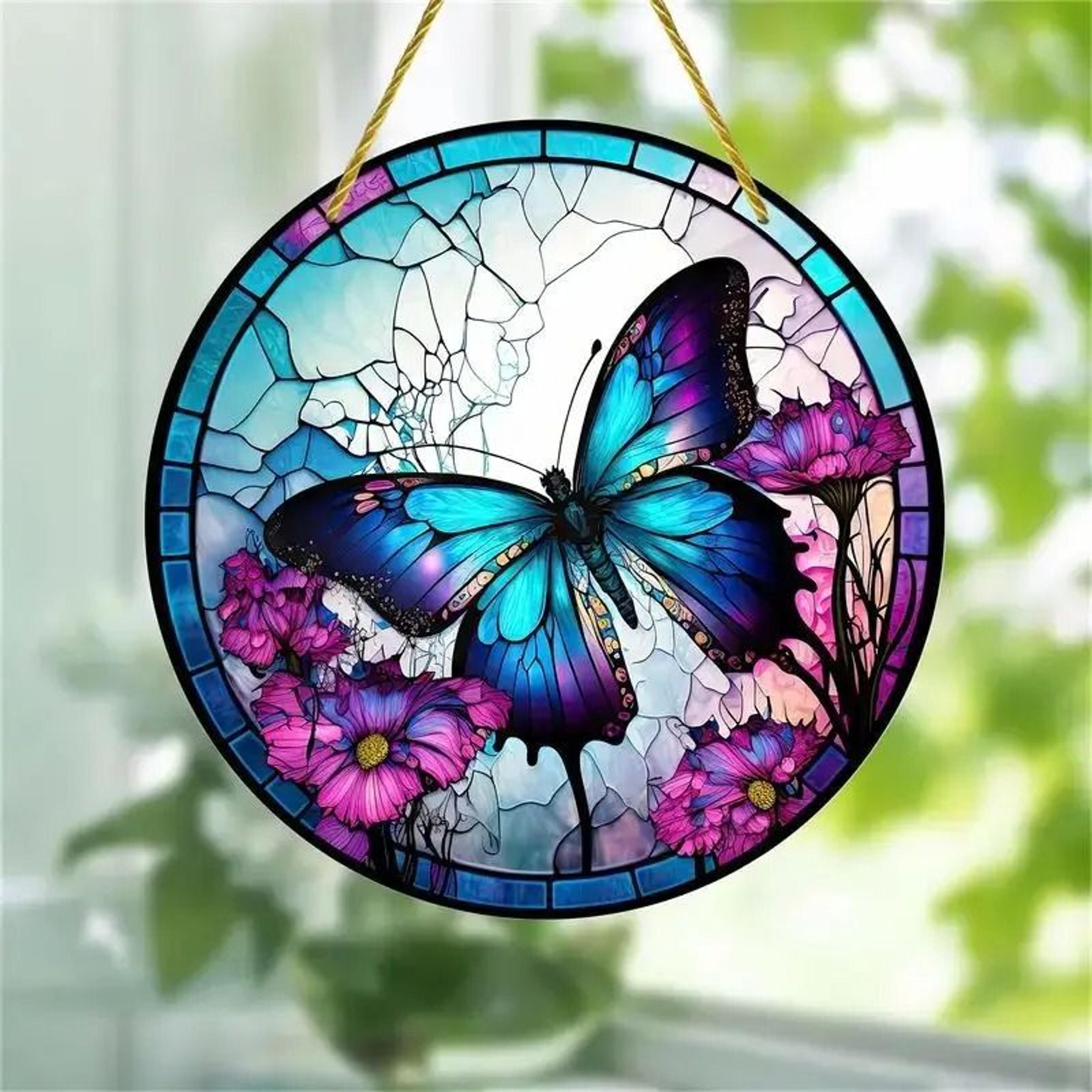 Butterfly Stained Glass Style Suncatcher  Round Acrylic Window Art  Wall Decor 1