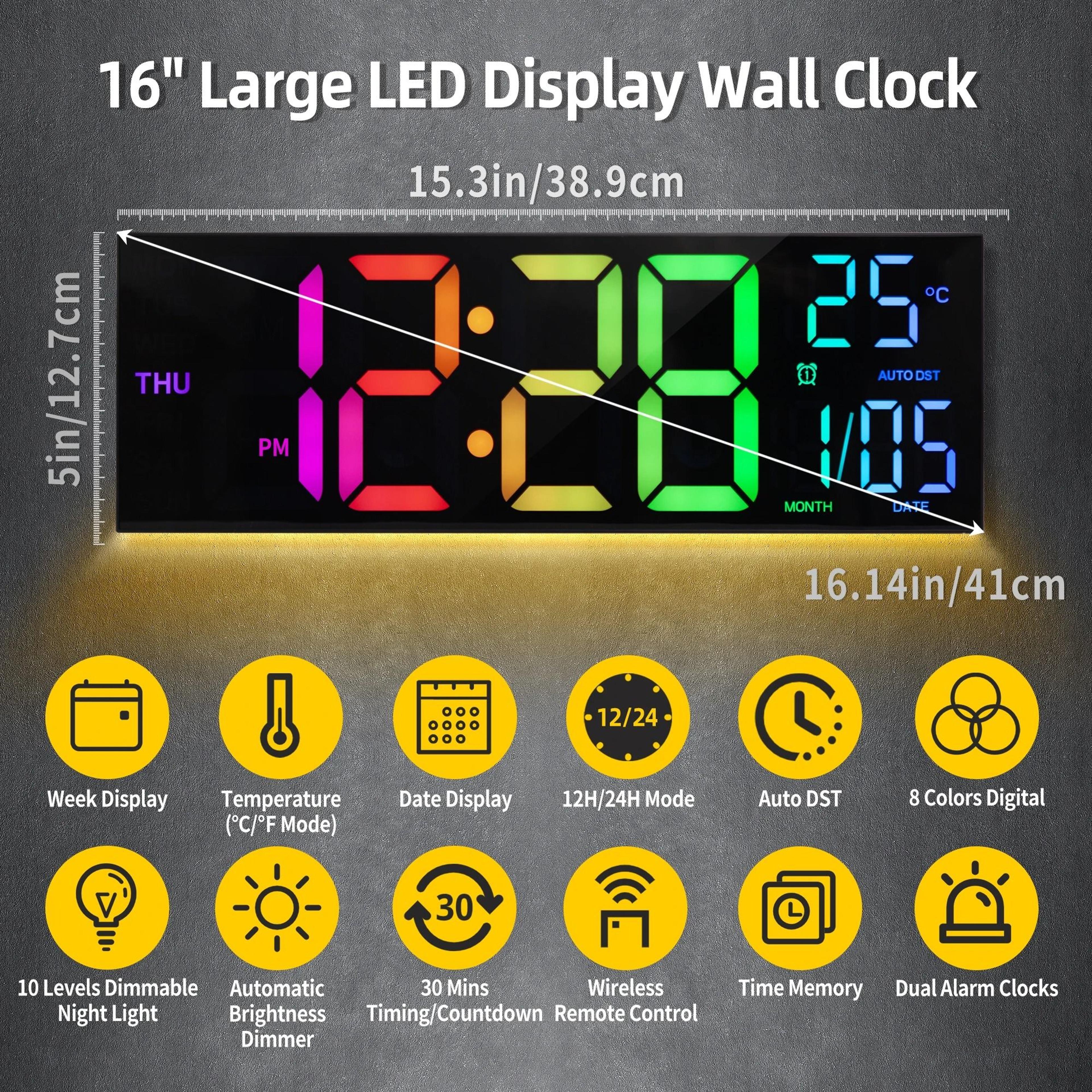 16 Large Digital Wall Clock  RGB LED Display With Remote  Automatic Dimmer 1