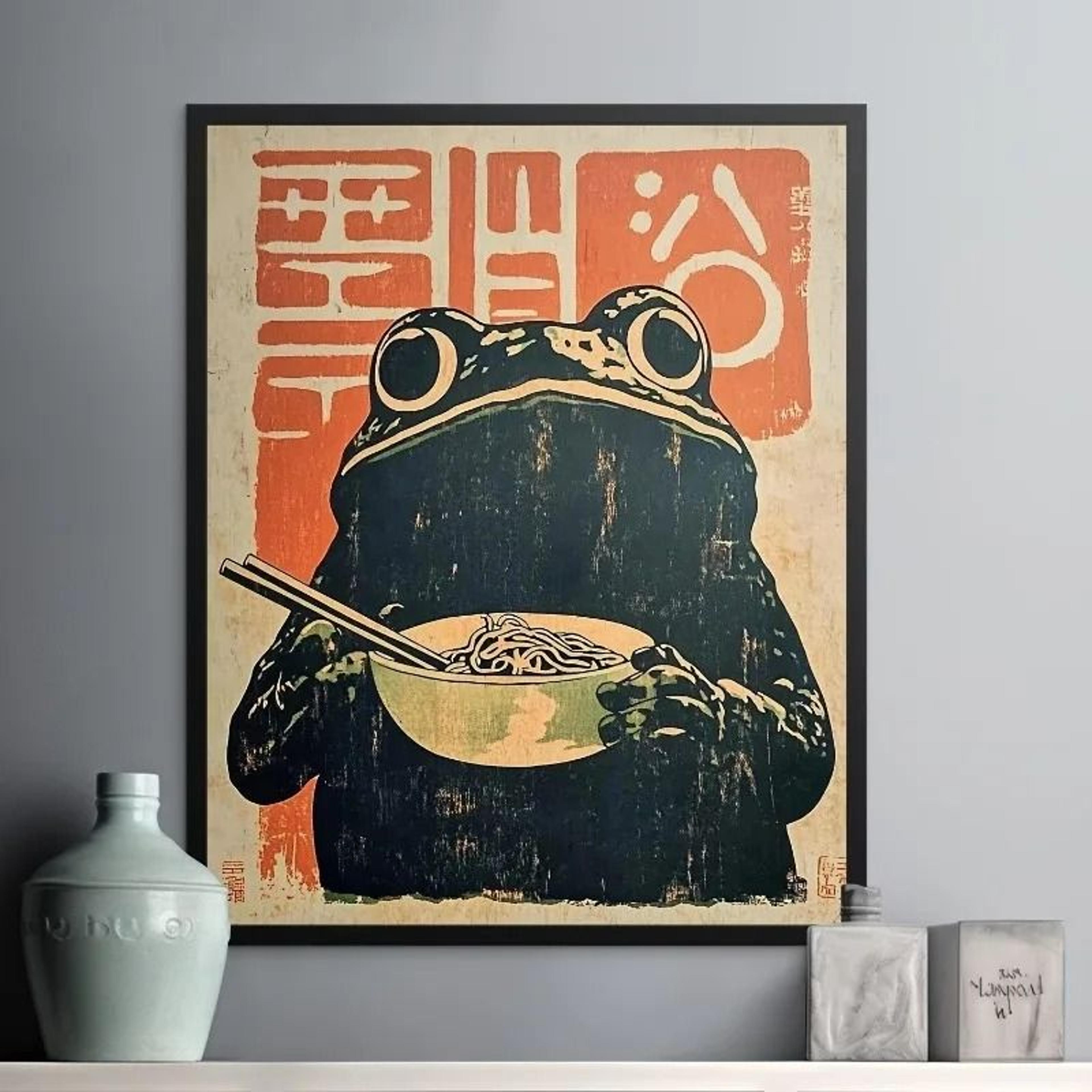 Retro Japanese Frog Ramen Canvas Art  Whimsical Art Deco Wall Decoration 1