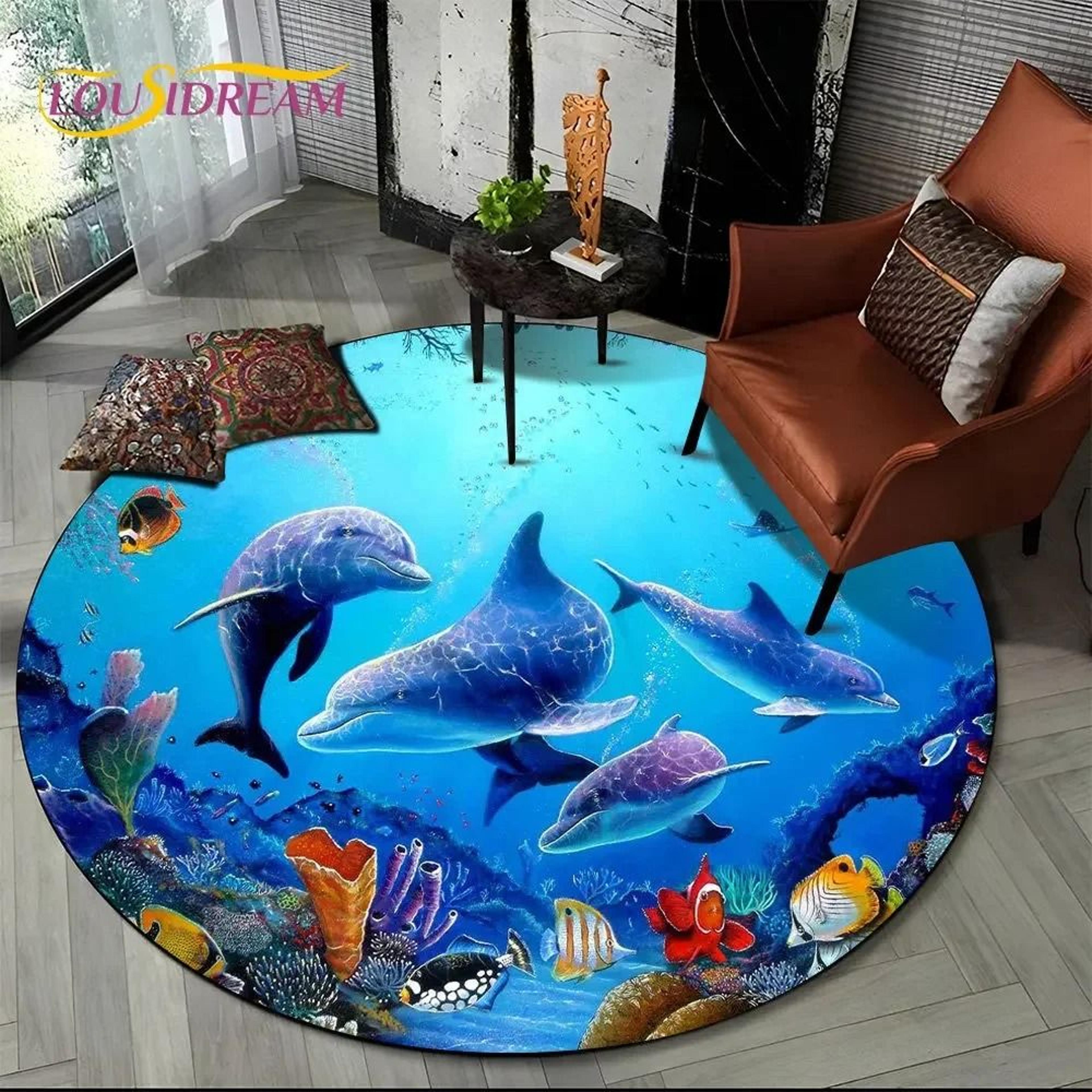 3D Seabed Illusion Dolphin Round Rug  Underwater World NonSlip Floor Mat 19