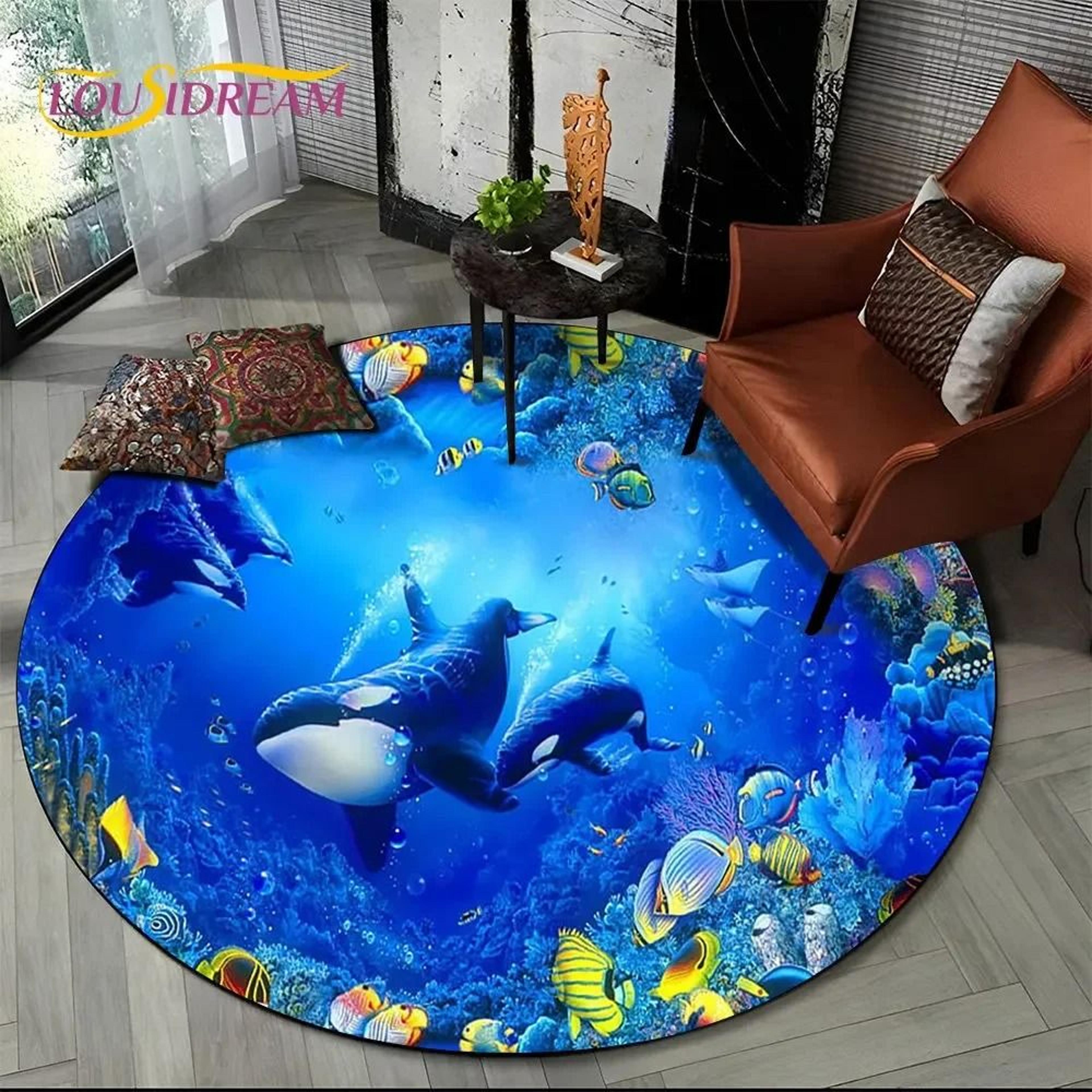3D Seabed Illusion Dolphin Round Rug  Underwater World NonSlip Floor Mat 22