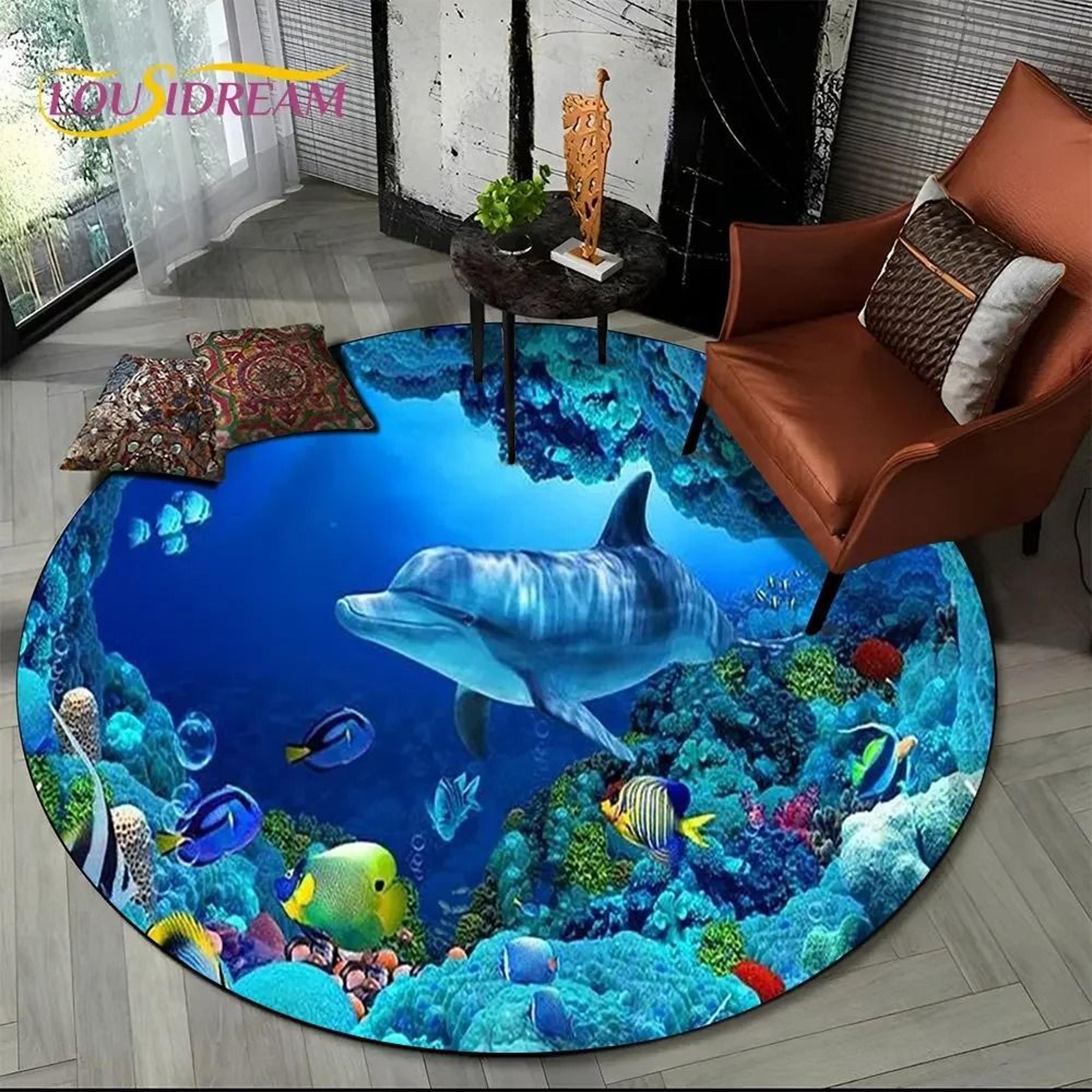 3D Seabed Illusion Dolphin Round Rug  Underwater World NonSlip Floor Mat 24