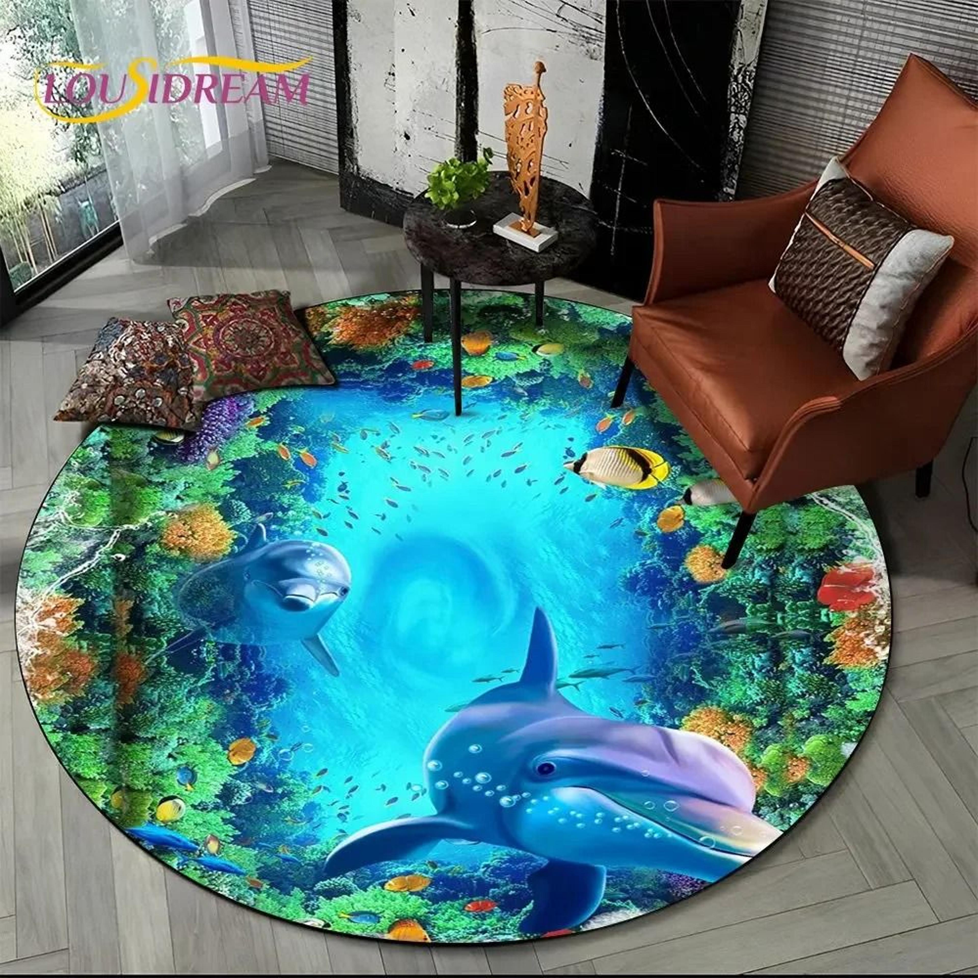 3D Seabed Illusion Dolphin Round Rug  Underwater World NonSlip Floor Mat 27