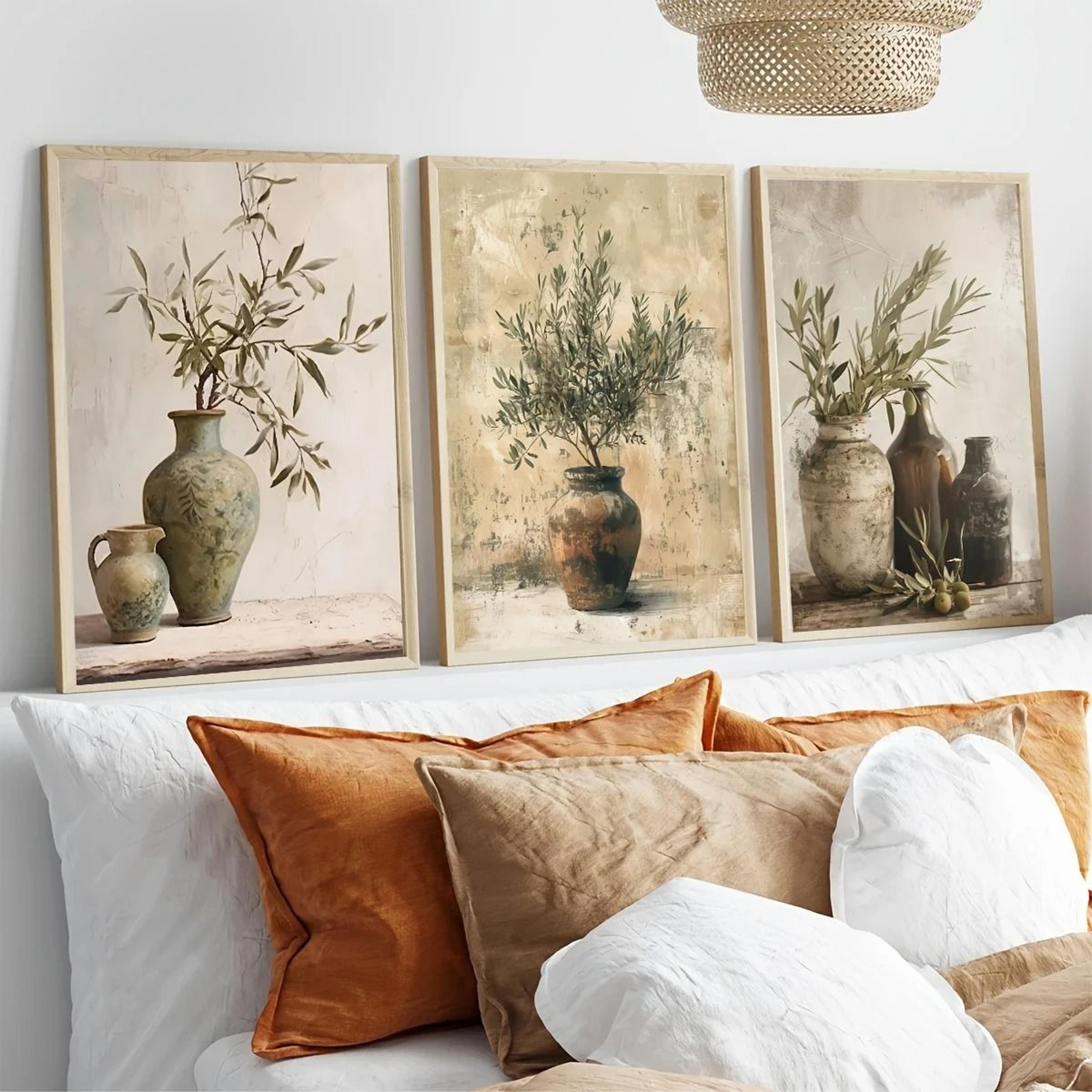 Retro Elegant Olive Tree  Lemon Canvas Poster  Vintage Mediterranean Vase Wall Art 1