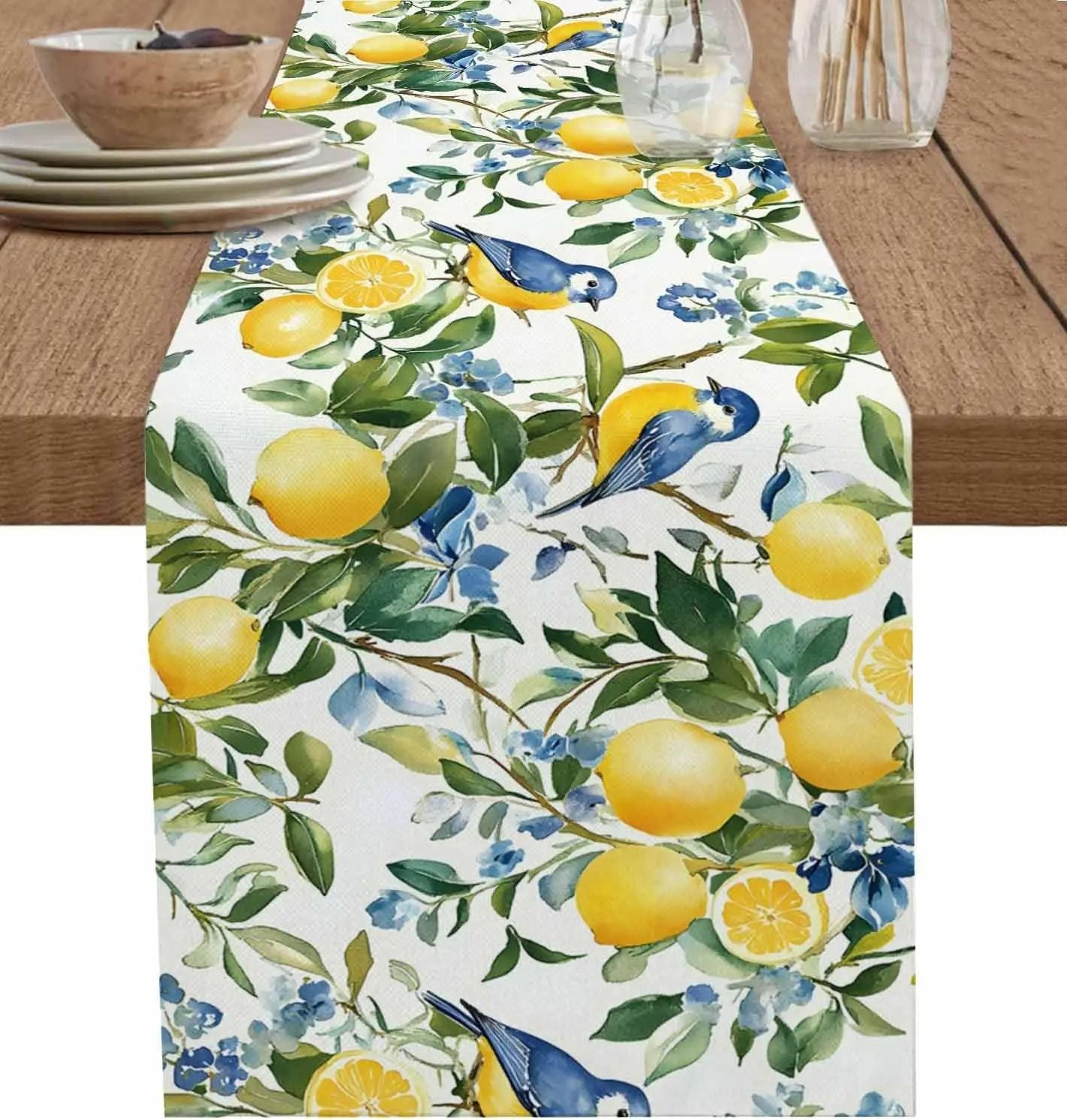 Lemon Tree  Blue Birds Linen Table Runner  Vintage Watercolor Fruit Dresser Scarf 0