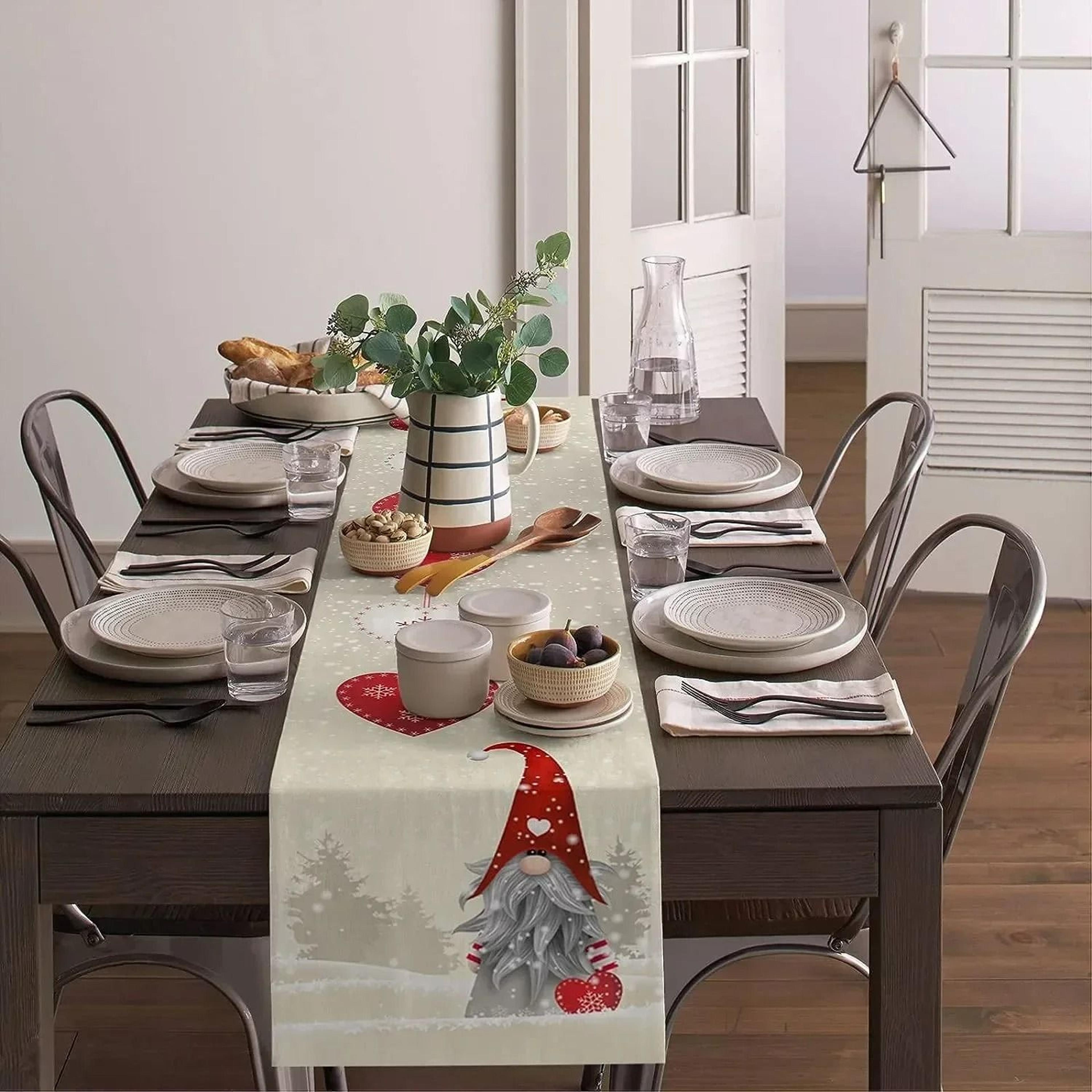 Christmas Gnome  Love Heart Linen Table Runner  Snowflake Holiday Dresser Scarf 3